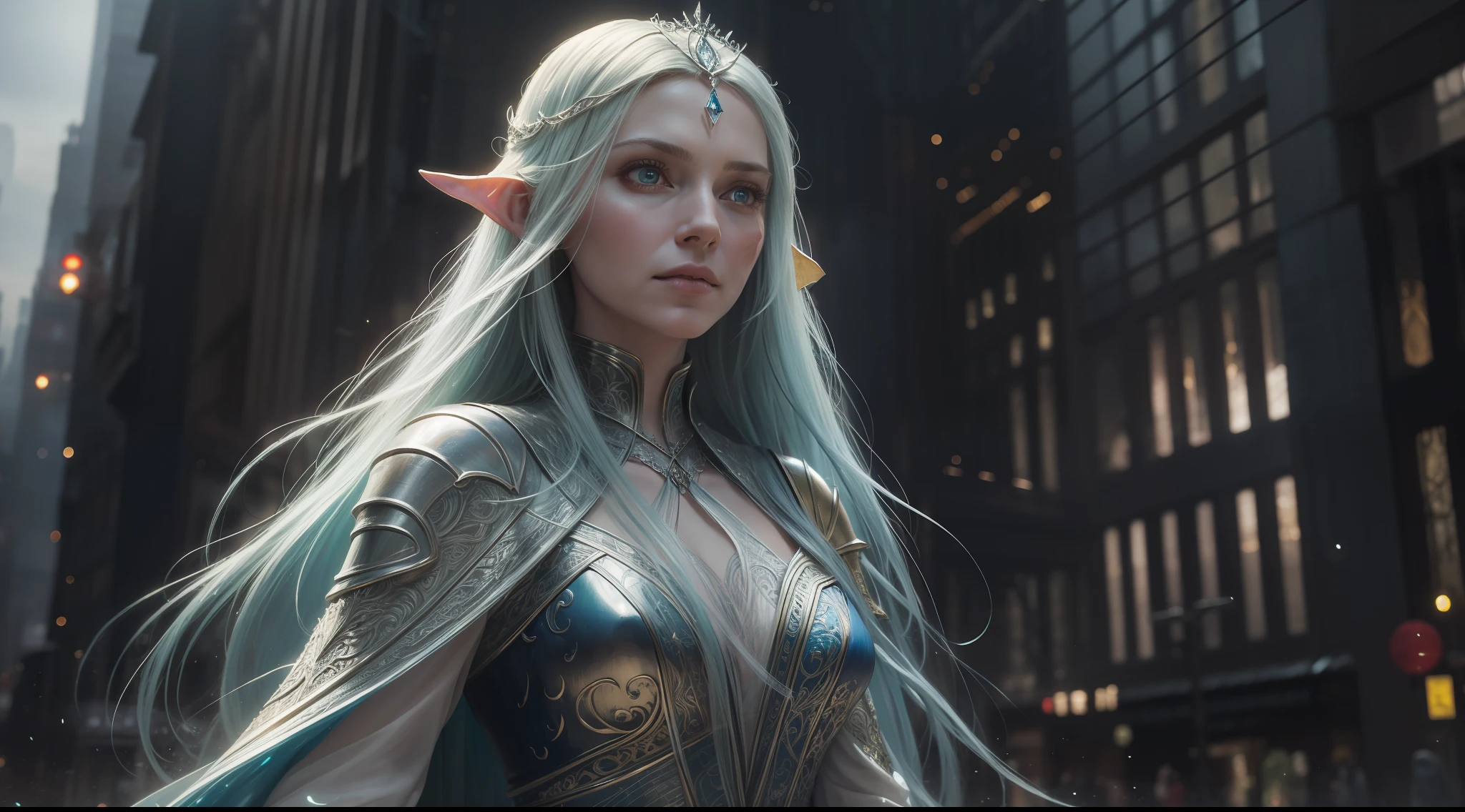 galadriel, Lord of the Rings, J.R.R. Tolkien, cyberpunk city background, vibrant, photorealistic, hyperrealism, strong impressionist painting style, 1.618, elegant, ethereal, intricate, elaborate, hyper-realism, hyper-detailed, strong expressiveness and emotionality, cinematic lighting, visual clarity