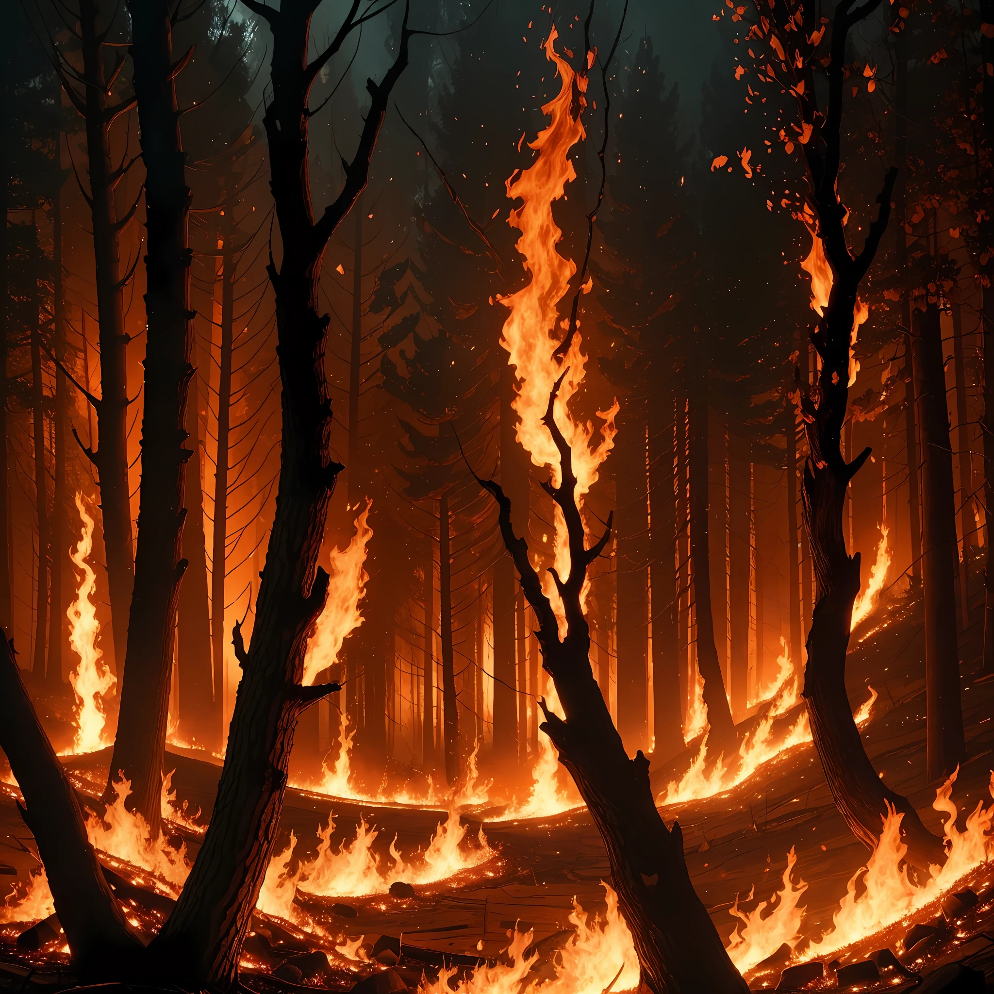A very detailed image of a close-up forest fire, the most expressive lighting and shadows, saturated colors, a blazing fire, whirlwinds of smoke, wild flames, flashes of bright light, a formidable atmosphere. --auto --s2