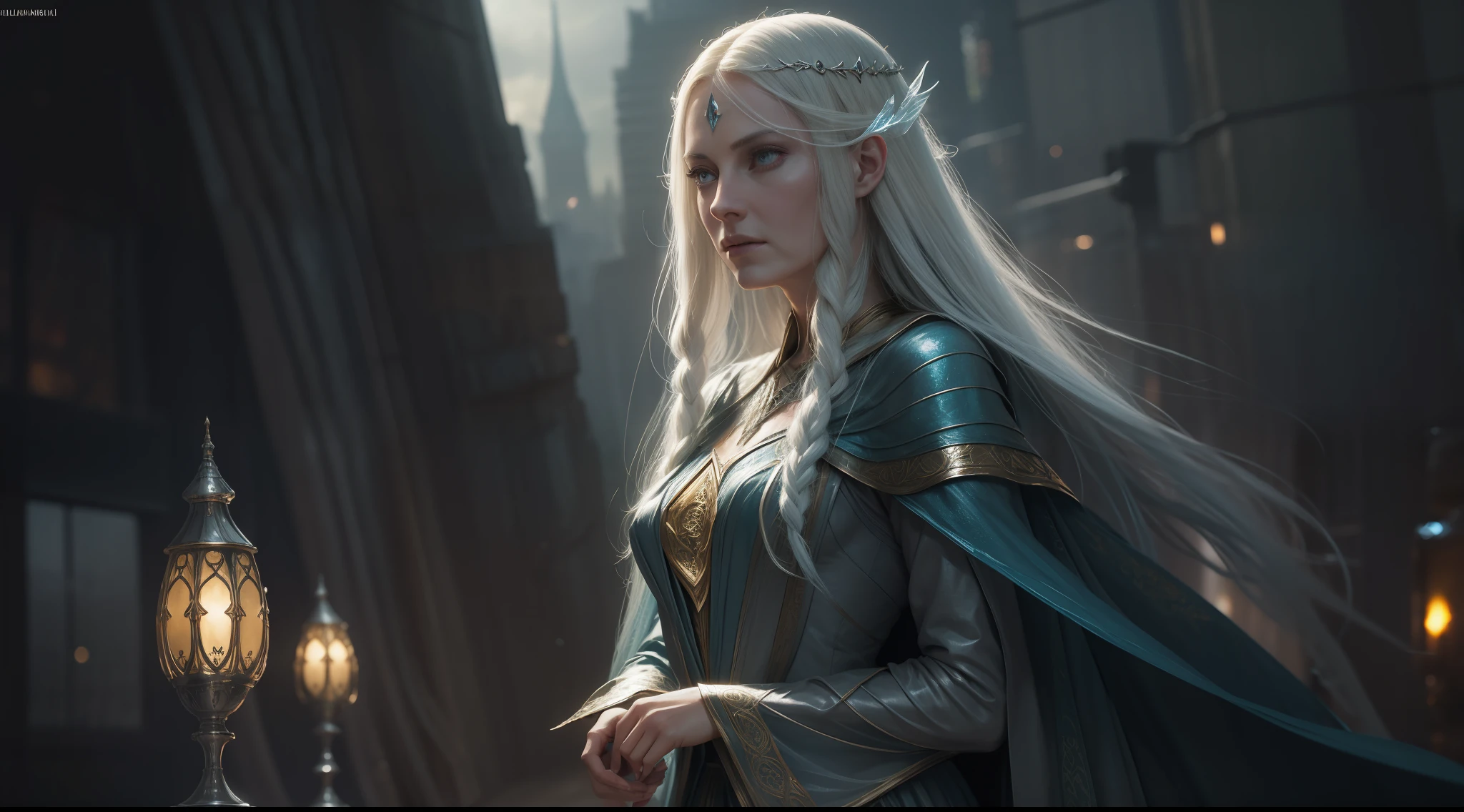 galadriel, Lord of the Rings, J.R.R. Tolkien, cyberpunk city background, vibrant, photorealistic, hyperrealism, strong impressionist painting style, 1.618, elegant, ethereal, intricate, elaborate, hyper-realism, hyper-detailed, strong expressiveness and emotionality, cinematic lighting, visual clarity