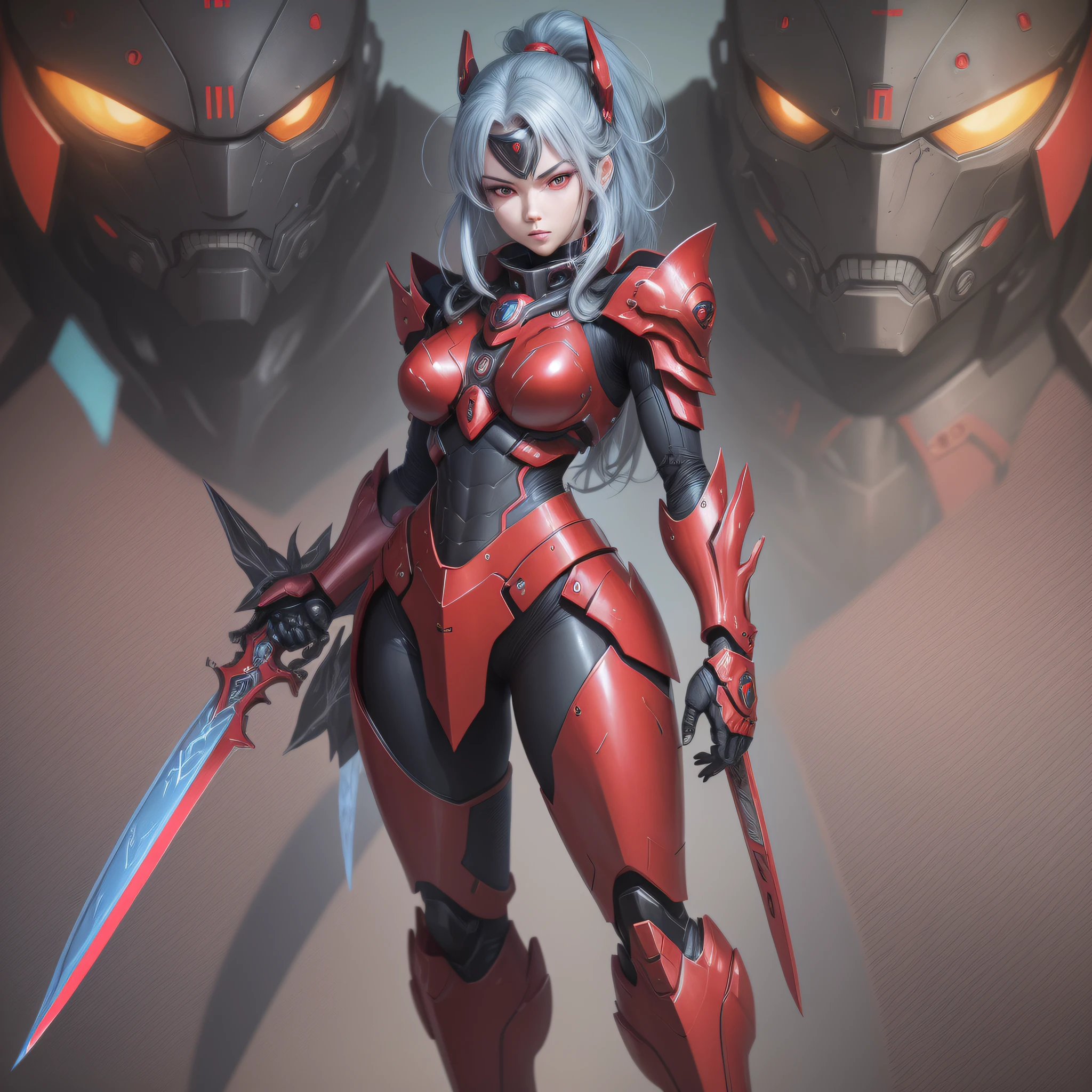 Crimson paint, villain, close-up of person in costume with sword, cyber japan style armor, cyber japan armor, guyver style, girl in armor, monster hunter armor, full body mecha suit, perfect anime cyborg woman, cyborg noble woman, mecha cyber armor girl, detailed full body concept, female armor, anime character. Full Body Art --auto --s2