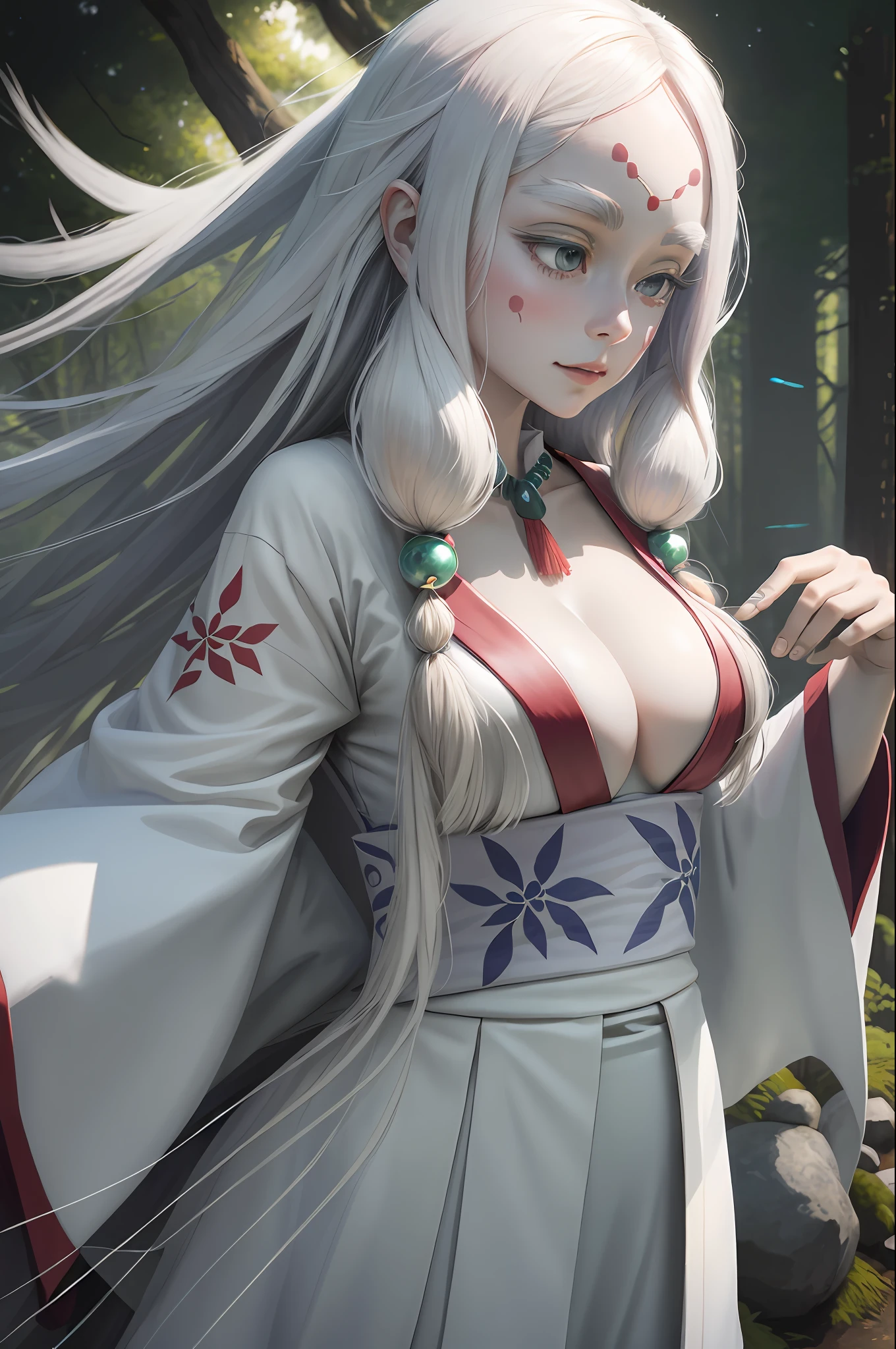 masterpiece, best quality, MTSpiderV4, 1girl, solo, white skin, long hair, breasts, beads, japanese clothes, ((white kimono)), silk, stone, forest, aurora borealis, spider web, best quaity, ultra detailed, hyper detailed