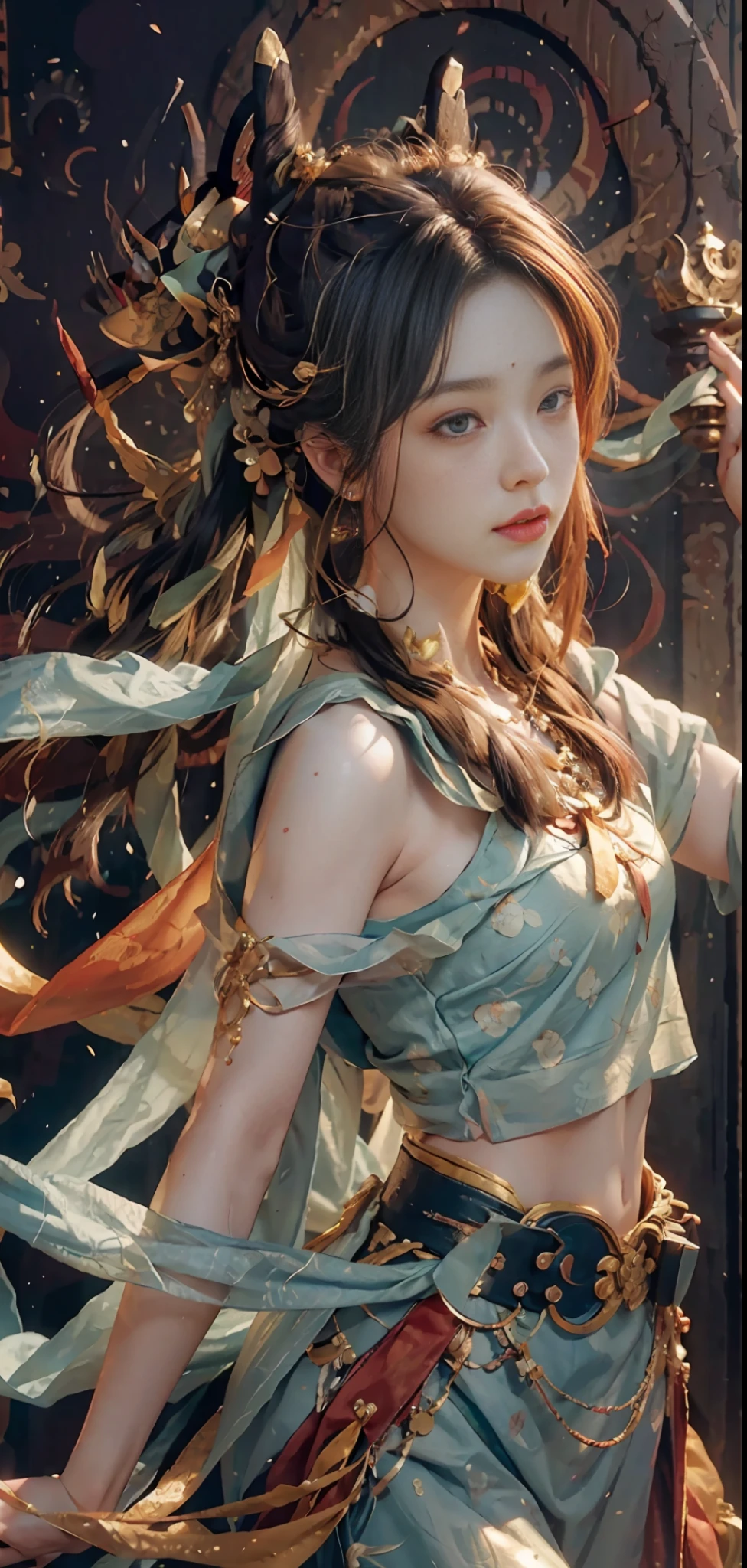 (RAW photo, best quality), (realistic, photo-realistic:1.3), best quality, highly detailed, masterpiece, ultra-detailed, illustration, 1girl, upper_body, dynamic angle, world mastery theater, messy_long_hair,best quality, extremely detailed CG unity 8k wallpaper, ink, amazing, movie lighting, lens_flare, dunhuang_style, orange, Dunhuang flying sky, big moon, full body mirror, edge light