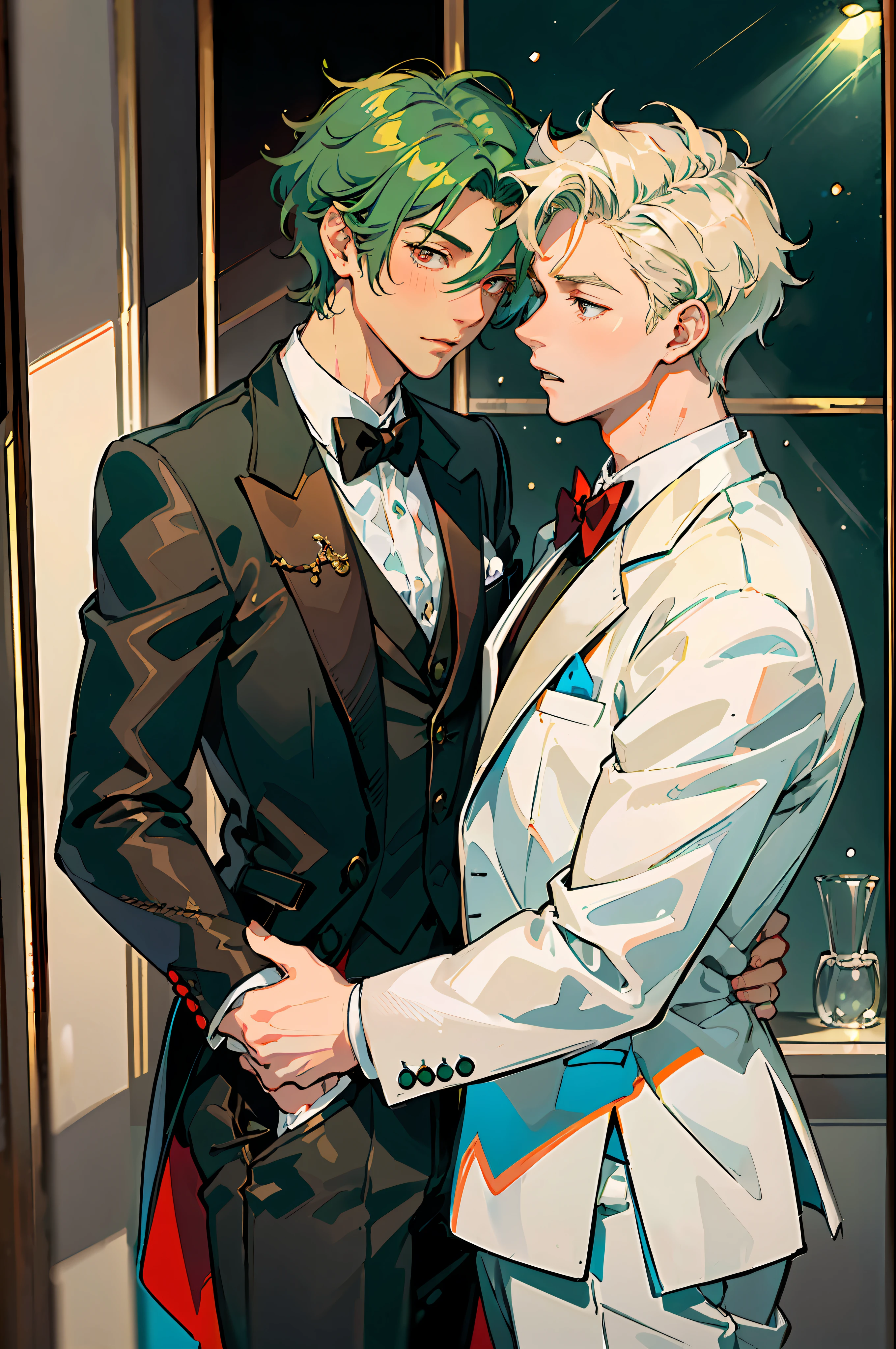 (Masterpiece: 1.4, top quality), two young men facing each other, (cool young man and white tuxedo with very short blonde hair and red eyes: 1.2), (cute young man and white tuxedo with green hair and big eyes: 1.2), dynamic pose, blush