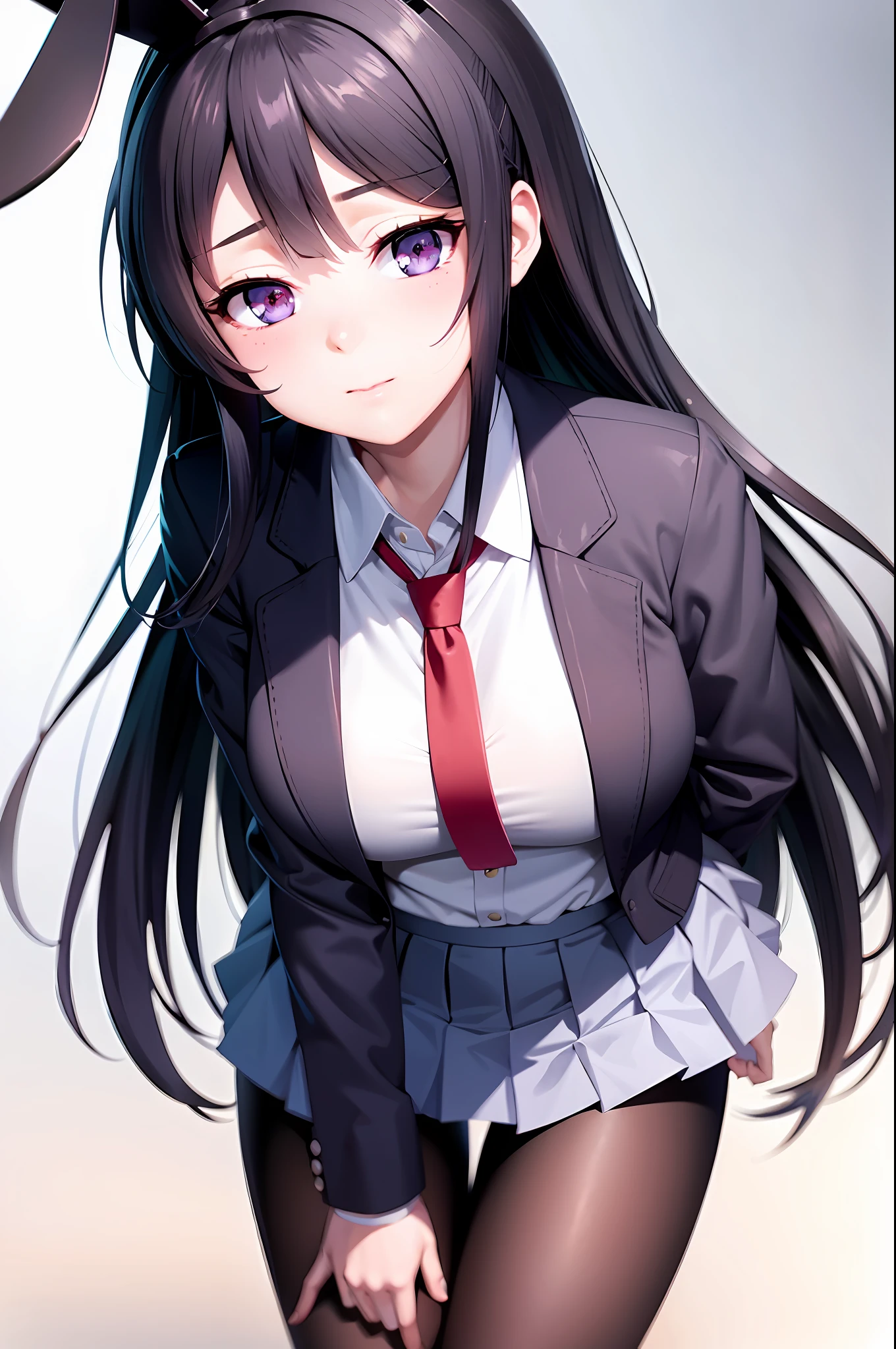 School uniform, white shirt, pantyhose, pleated skirt, tie, rabbit ears, Mai sauce, faint smile, mid_breats, best quality, behind arms, leaning forward