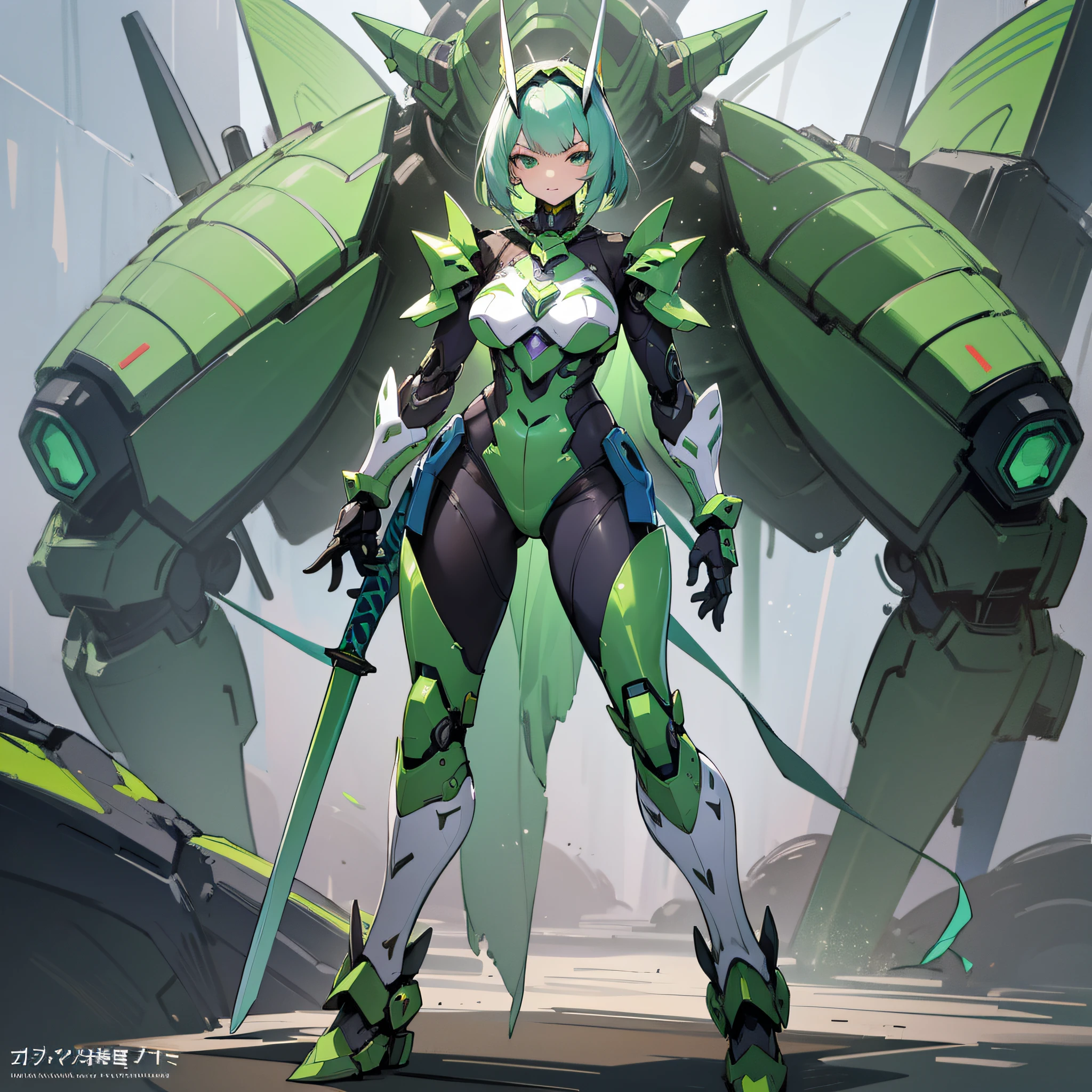 Fresh green paint, villain, close-up portrait of a person in costume with a sword, armor imitating insects, cyber japan style armor, cyber japan armor, guyver style, girl in armor, monster hunter armor, full body mecha suit, perfect anime cyborg woman, cyborg noble woman, mecha cyber armor girl, detailed full body concept, female armor, anime character. Full Body Art --auto --s2