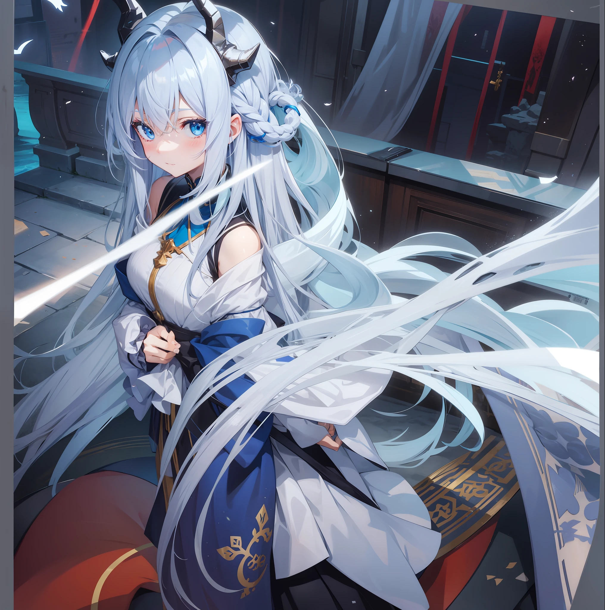 Anime girl, two-dimensional, blue eyes, long white hair, shy eyes, a pair of dragon horns on her head