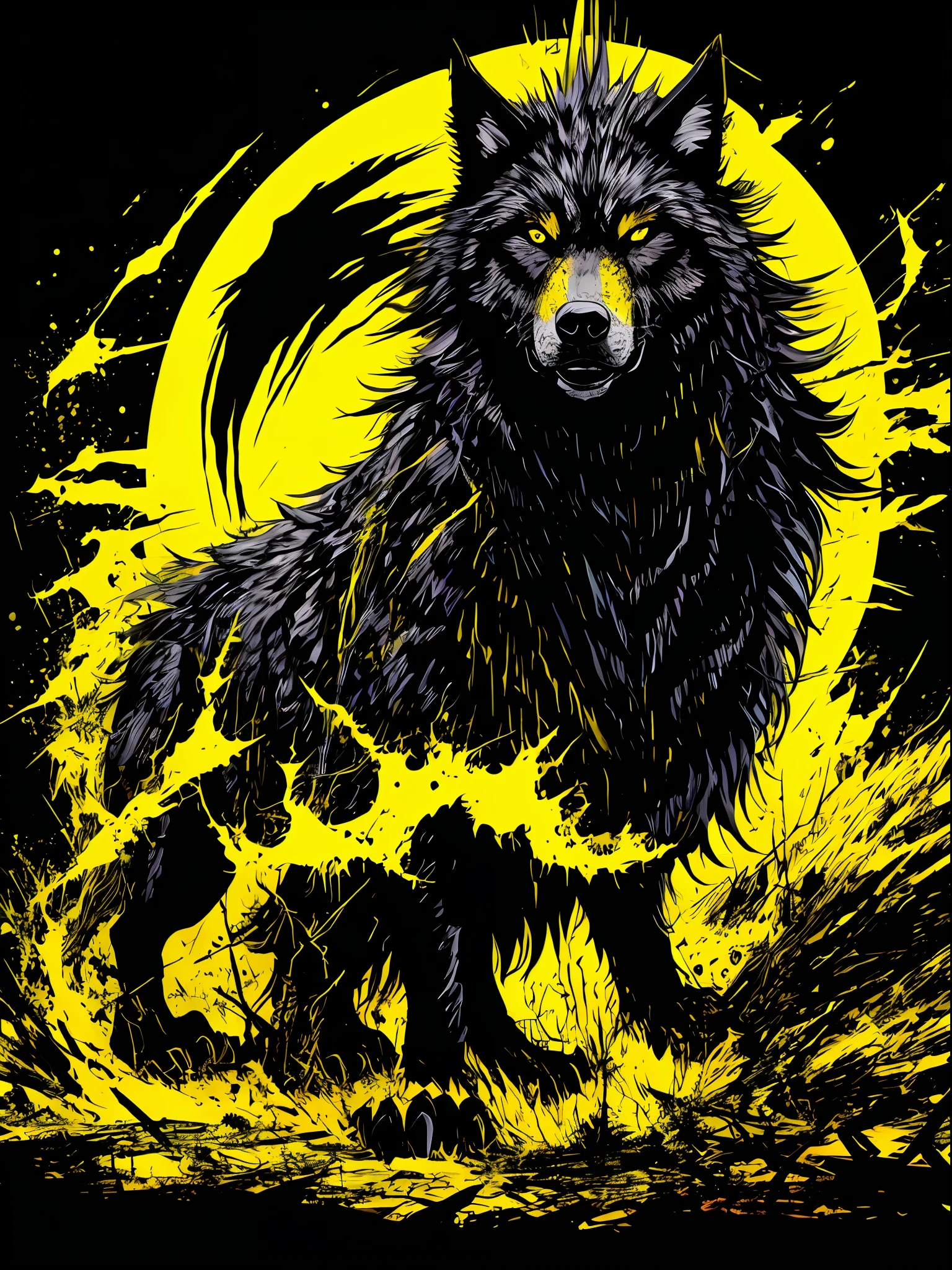 yellow and black, a monstrous wolf, in the style of Mork Borg, strong contrast, grunge dirty punk splash art, zine black metal, forest color splash background