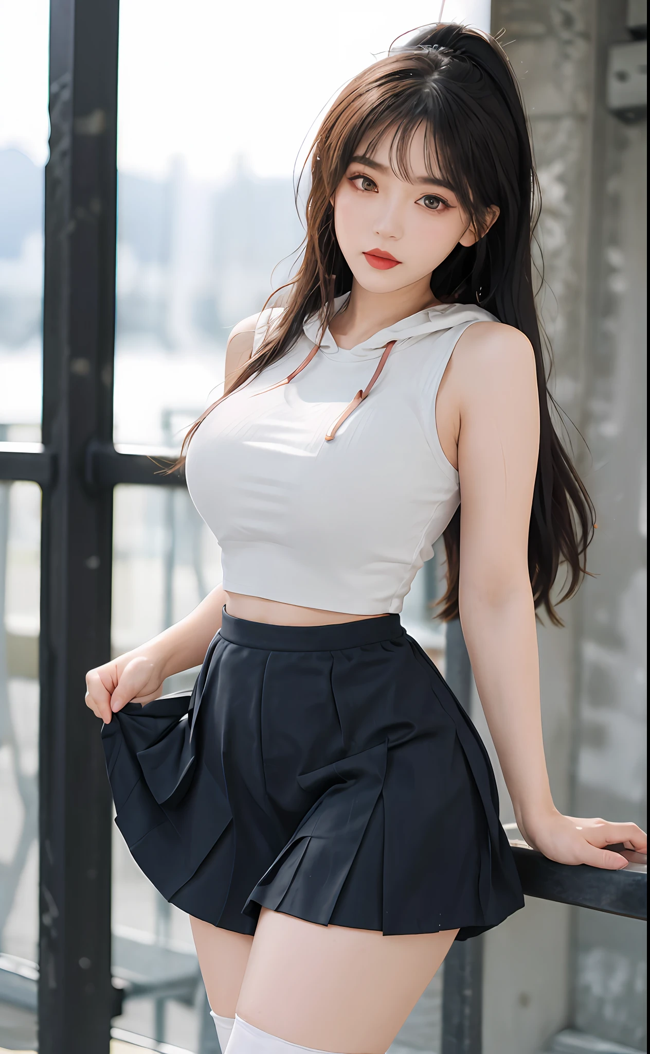 (masterpiece, realistic, high resolution), ((1 girl): 1.2), Korean, ((white wavy hair): 1.3), (heterochromia: 1.1, thick eyebrows,), (white hoodie, black sports shorts), ((medium breasts): 1.2, small waist, thigh), catwalk walk, masterpiece: 1.2, best quality), realism, (real pictures, rich detail details, depth of field), (1 girl, solo), makeup, high detail, perfect face shape, (: 1.4), (skin dents), thick thighs, wide hips, thin waist, high, coral, red lips, red eyes, ponytail (girls, shallow tulle, tulle transparent), (sweat: 1.2) , (wet), sexy, blush, (shy expression), tank top, suspenders, belly pockets, shorts, yoga pants, tight short skirts, tight shorts, stockings, fishnet socks, pajamas, pleated skirts, skirts, hip skirts, flowers on clothes,