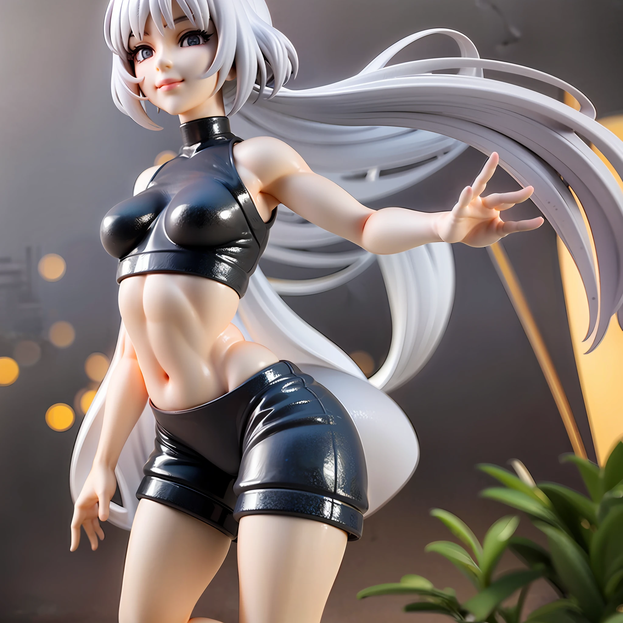 figure,simple background,white background,white hair,short cut,1girl,short pants,sneakers, beautiful eye, full body,dancing,looking away,black suit,[realistic], [3d], smile, closed mouth,(8k, RAW photo, best quality, masterpiece:1.2), ultra high res, photo realistic, professional lighting, detailed lighting, professional photography, dynamic angle, high quality, high res, extremely detailed, bloom, depth of field, sketch, sharp focus, soft lighting, detailed, detailed skin, to8contrast style