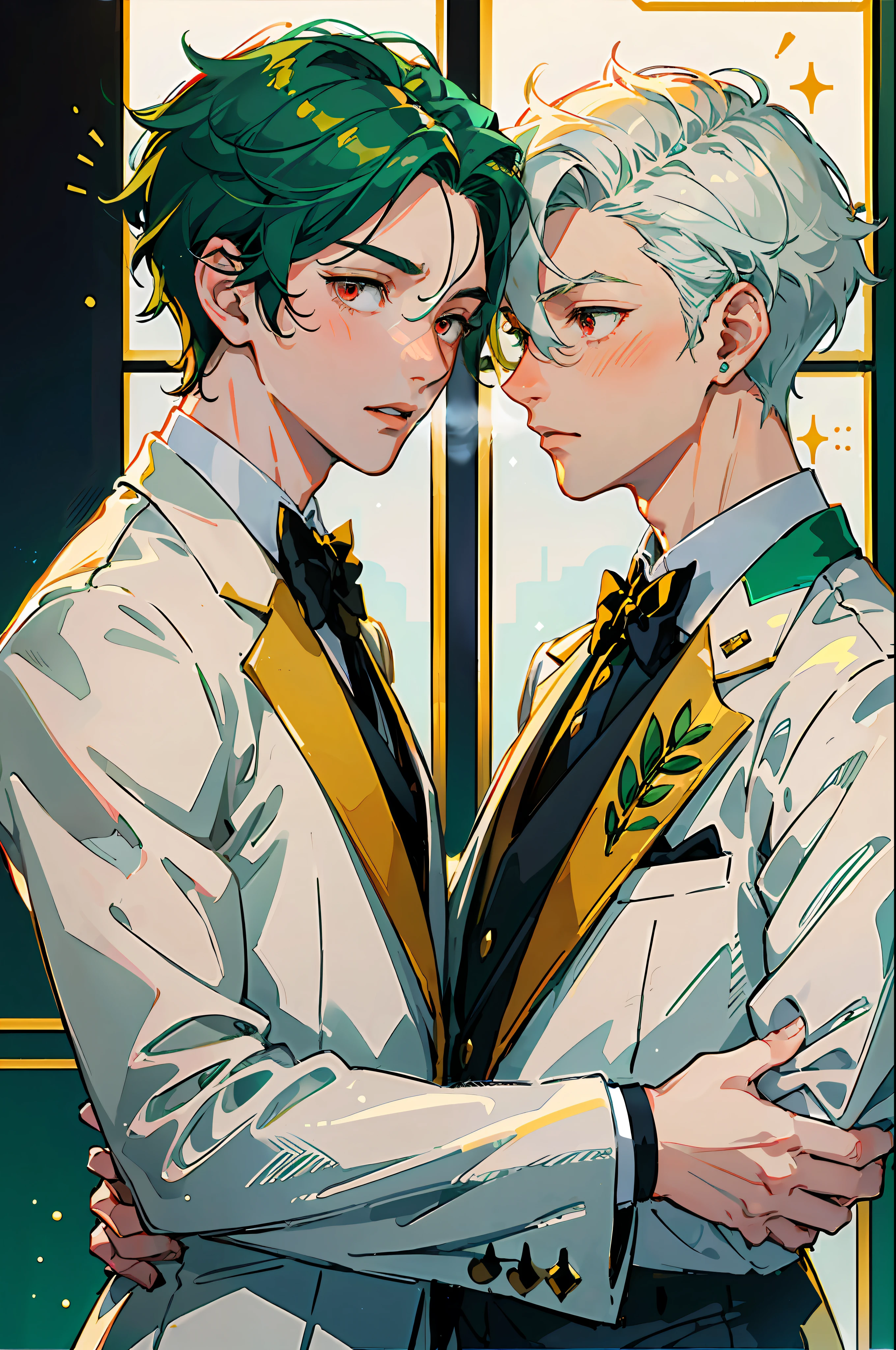 (Masterpiece: 1.4, top quality), two young men facing each other, (cute young man and white tuxedo with green hair and big eyes: 1.2), (cool young man and white tuxedo with very short blonde hair and red eyes: 1.2),dynamic pose, blush