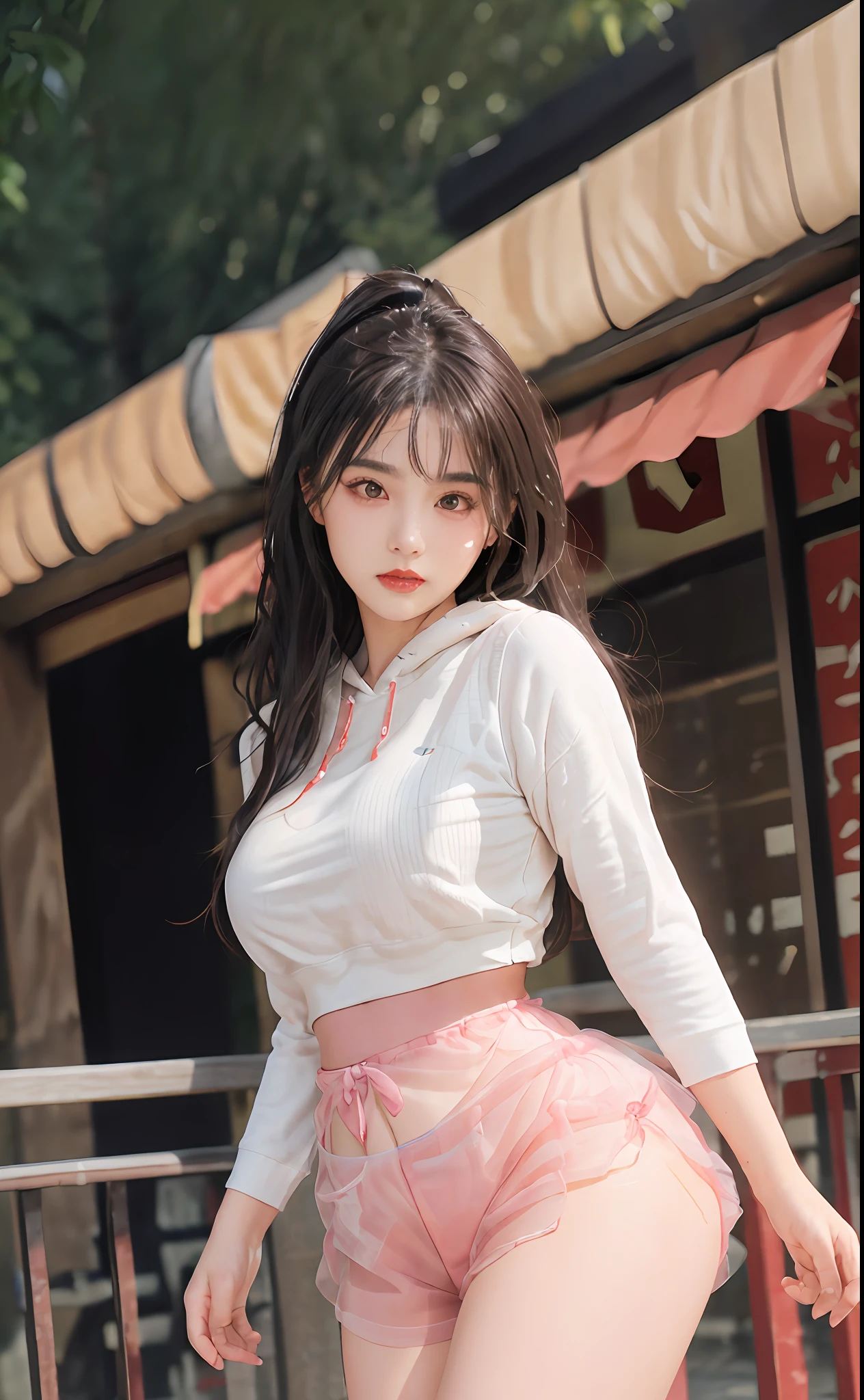 (masterpiece, realistic, high resolution), ((1 girl): 1.2), Korean, ((white wavy hair): 1.3), (heterochromia: 1.1, thick eyebrows,), (white hoodie, black sports shorts), ((medium breasts): 1.2, small waist, thigh), catwalk walk, masterpiece: 1.2, best quality), realism, (real pictures, rich detail details, depth of field), (1 girl, solo), makeup, high detail, perfect face shape, (: 1.4), (skin dents), thick thighs, wide hips, thin waist, high, coral, red lips, red eyes, ponytail (girls, shallow tulle, tulle transparent), (sweat: 1.2) , (wet), sexy, blush, (shy expression),