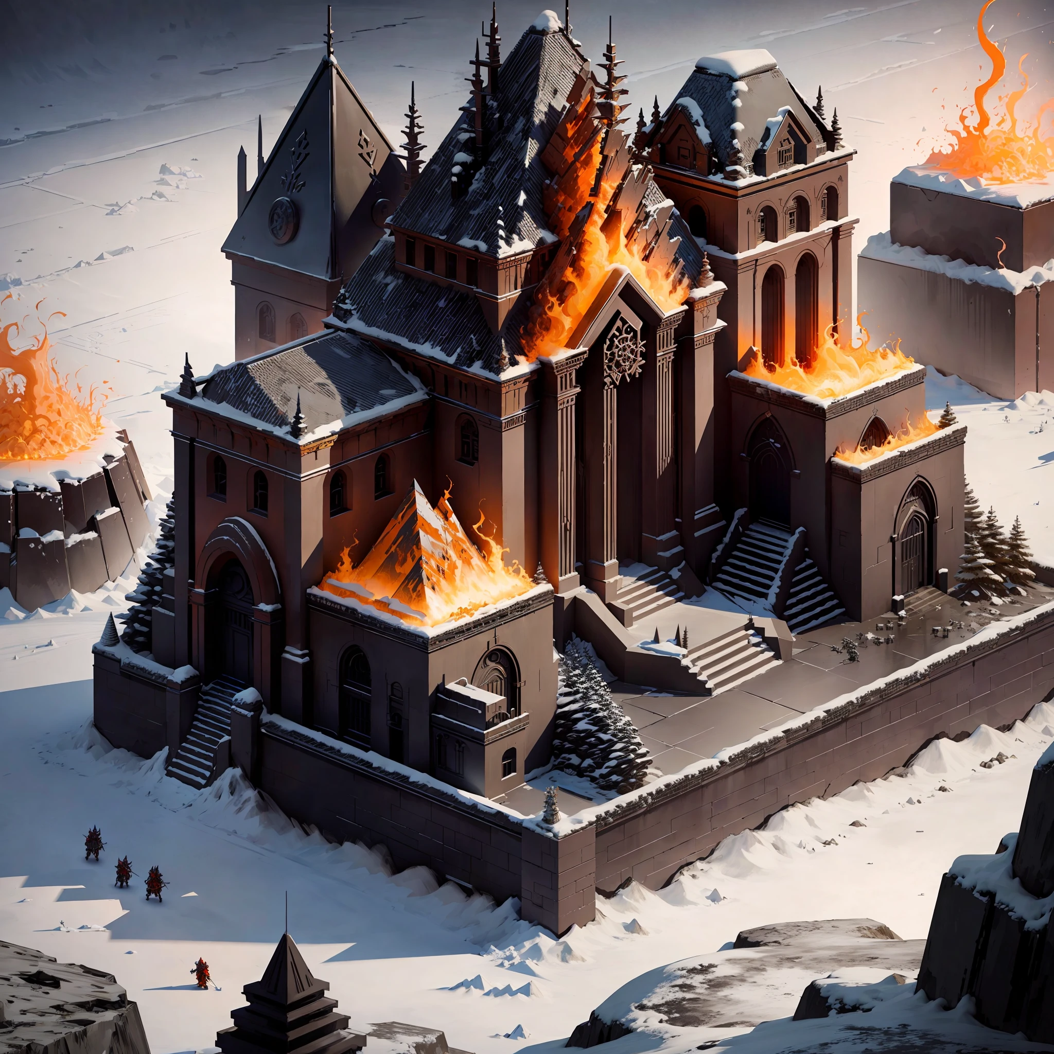 Demon armory surrounded by magma, forging and collecting all kinds of destructive weapons, mysterious rituals and terrible weapons, isometric view + top-down view, 3D rendering, ultra-high definition, high detail, 8K resolution, like movie lighting, perfectly showing the arrogance and brutality of the devil, and even destroy the whole world, imagine this suffocating scene.