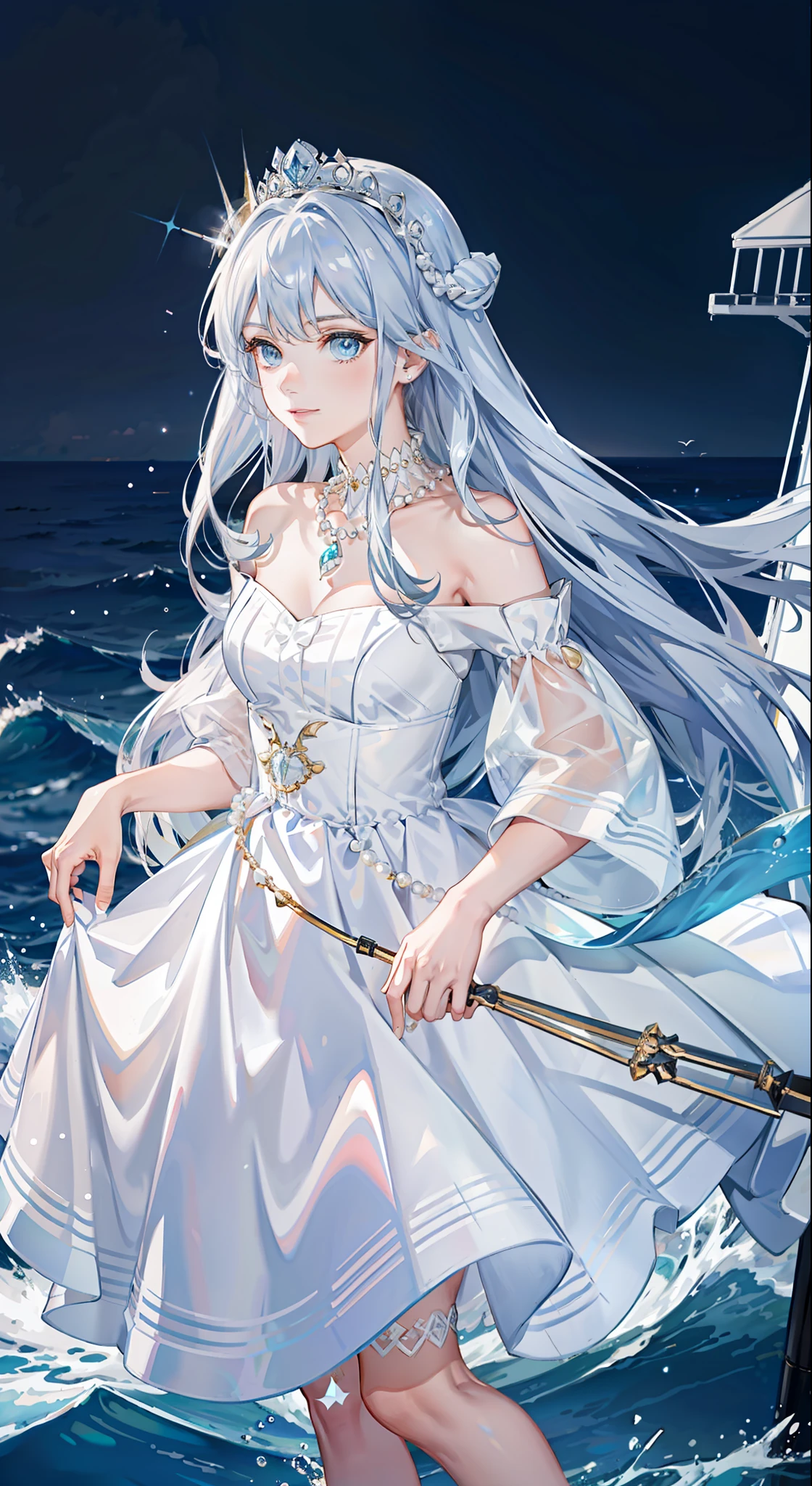 ((Best picture quality, best, girl), (dress, white crown, necklace, pearls, accessories AND intricate details strapless), (one person, ocean, waves, sea, fish, boat#on board), ((blue Color: 1.3, sea blue, long hair, blue eyes): 1.2), headgear: 1.2, neon mystery, fantasy: 0.8, [movie lens, strong light and shadow: 1.2, glow effect])]
