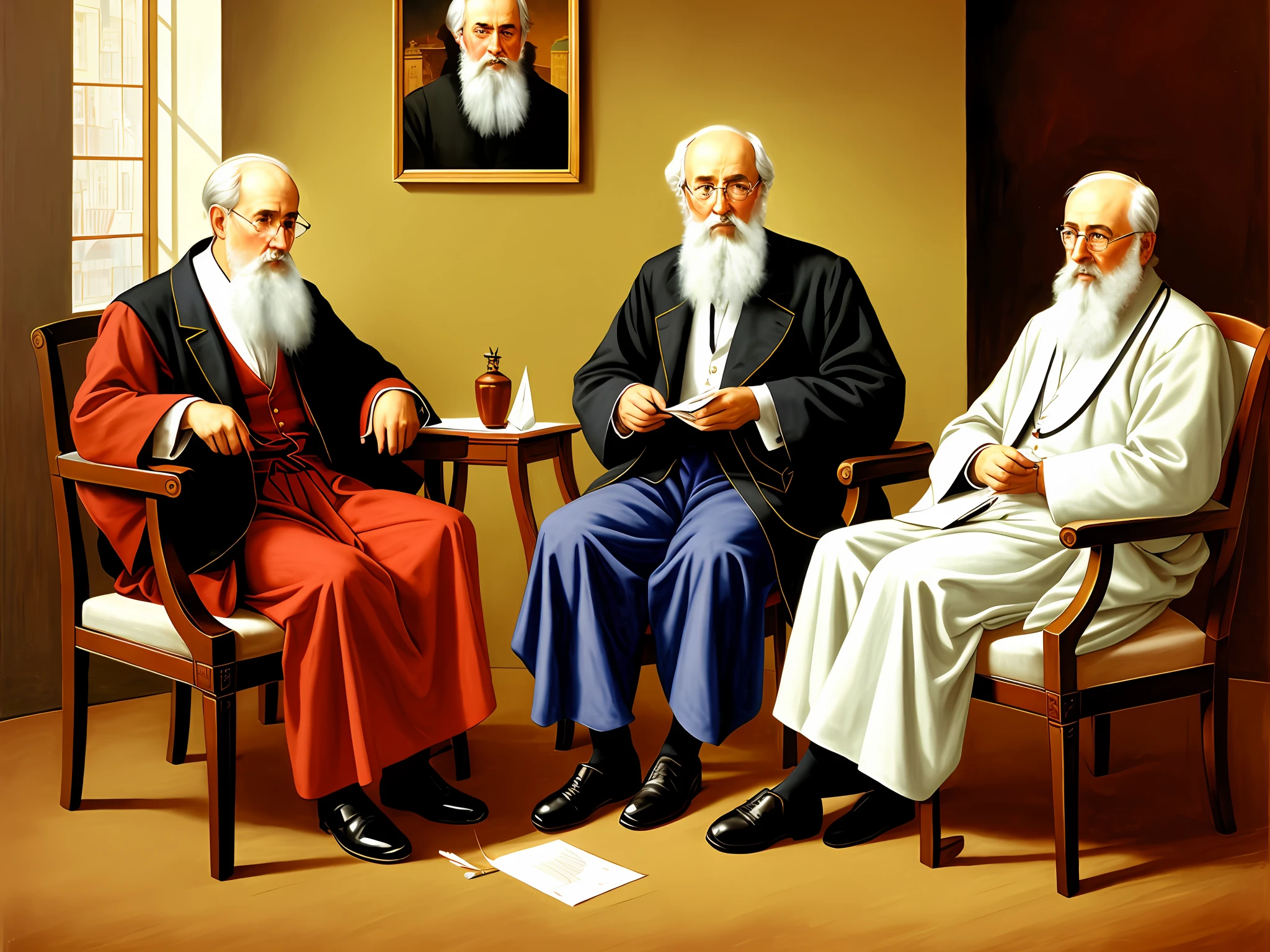three men sitting in chairs in a room with a painting on the wall, academic russian painting, russian academic painting, inspired by Christoffer Wilhelm Eckersberg, academic painting, satirical painting, soviet artists, maxim sukharev, frederic church and vasily perov, russian academicism, soviet painting, russian painters, by Morris Kestelman, soviet paintings