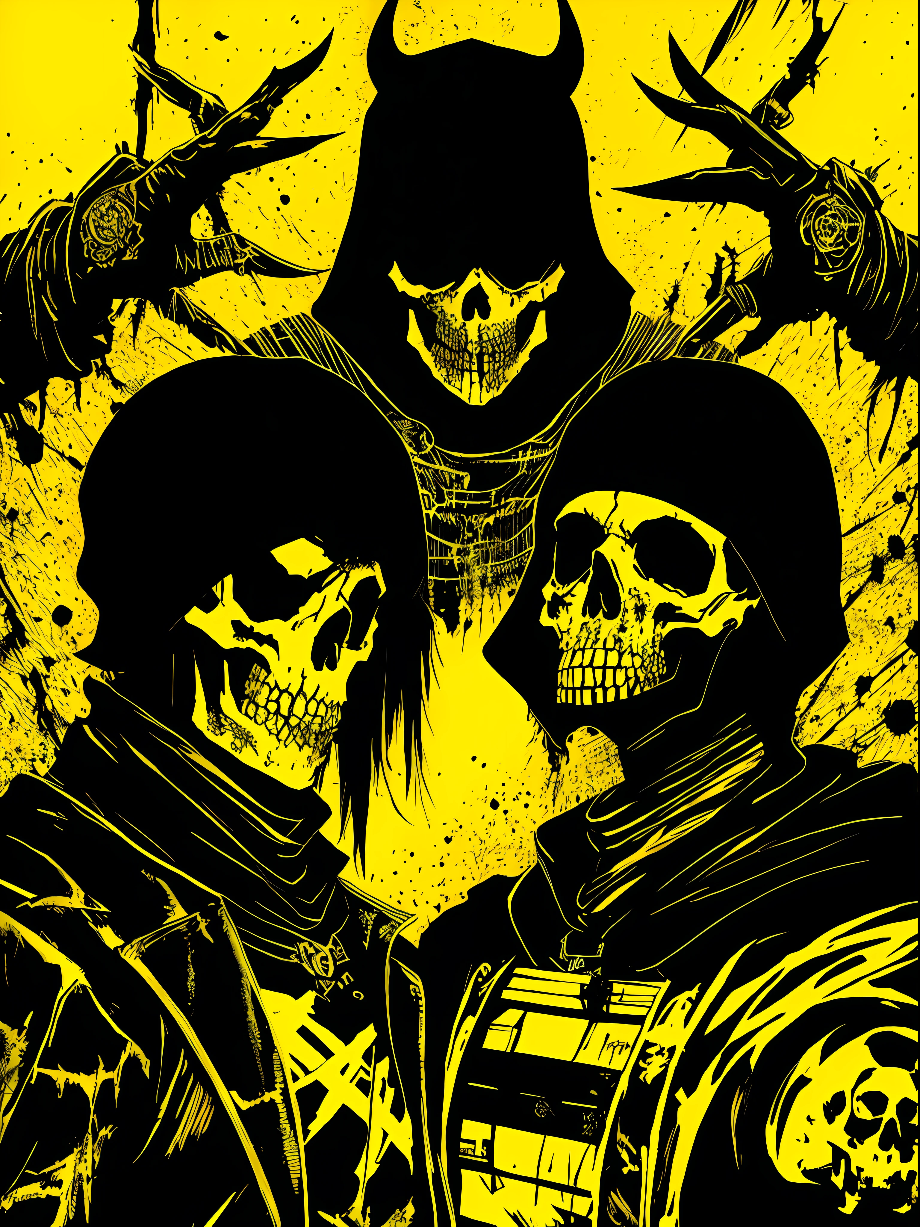 yellow and black, skull face medieval cultists, in the style of Mork Borg, strong contrast, grunge dirty punk splash art, zine black metal, forest color splash background