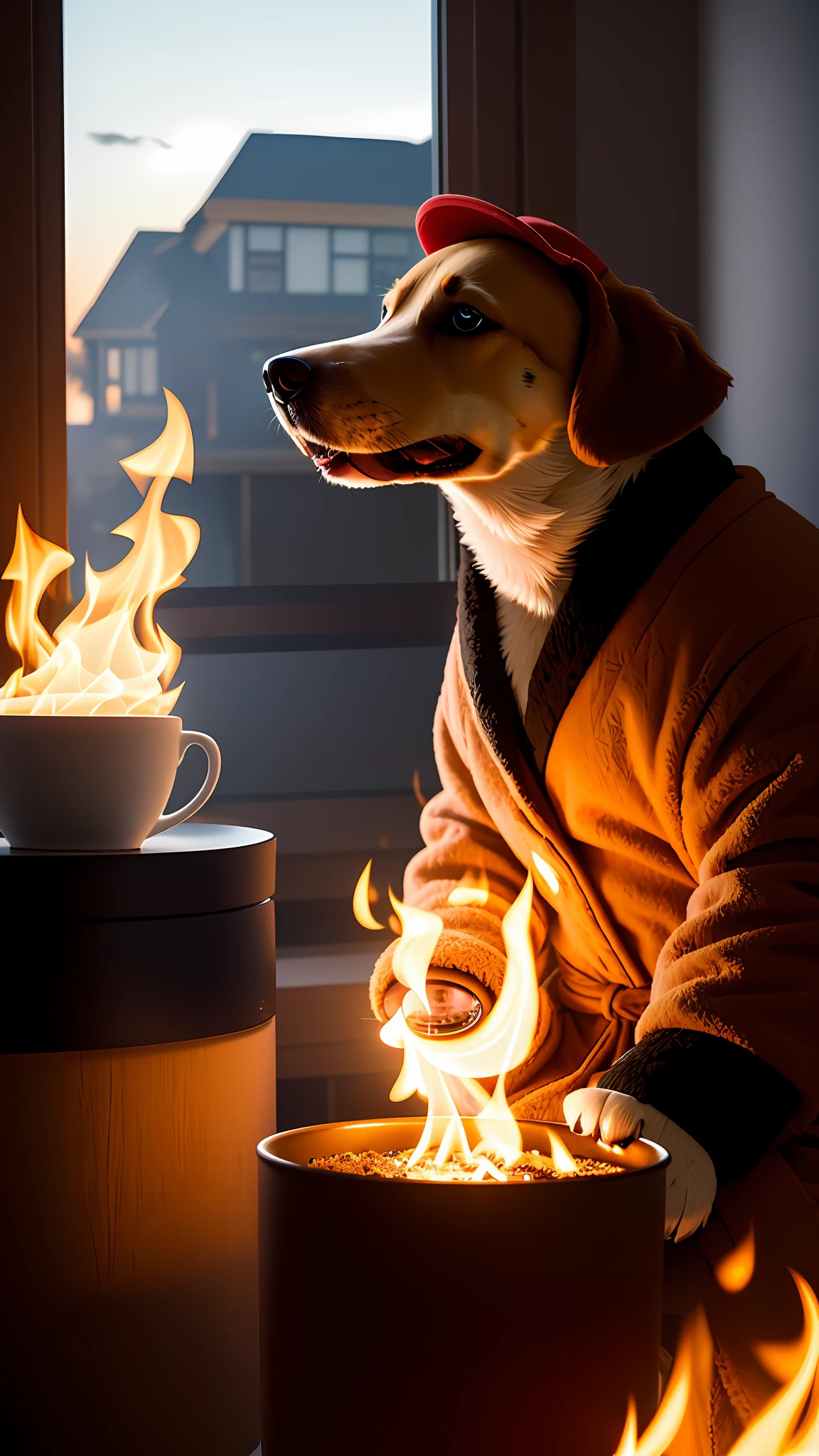 (anthropomorphic  dog:1.3) holding a coffee cup, sitting, in a robe, eating breakfast and holding a coffee cup, hat, particles, volumetric lighting,  livingroom burn down, ground and chair on fire, lots of gadgets and equipment, equipment is on fire, smoke, flames all around,