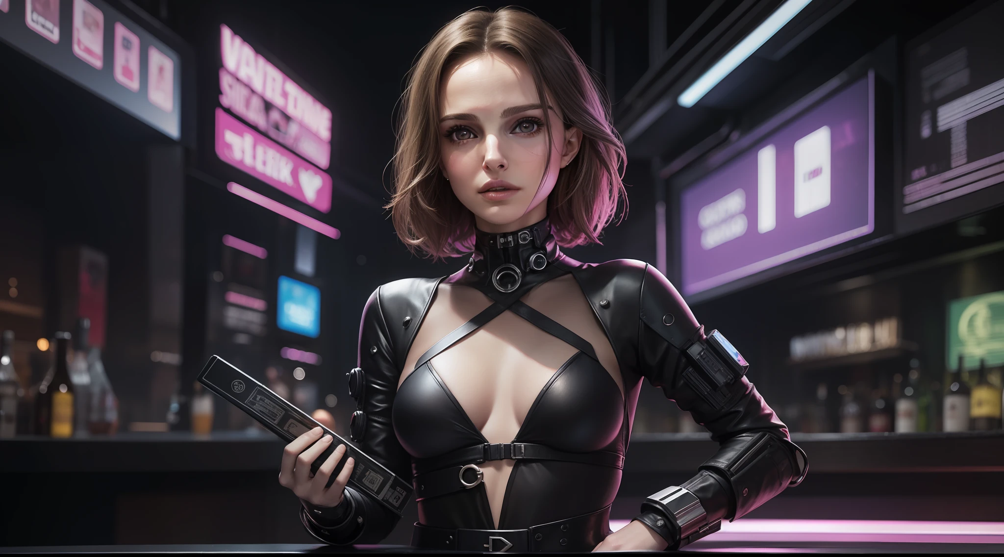 award-winning photo from waist up, 1girl, Natalie Portman, very beautiful, small breasts, perfect hands, beautiful detailed eyes, perfect face, sexy cyberpunk blouse, supermodel pose, cyberpunk bar environment