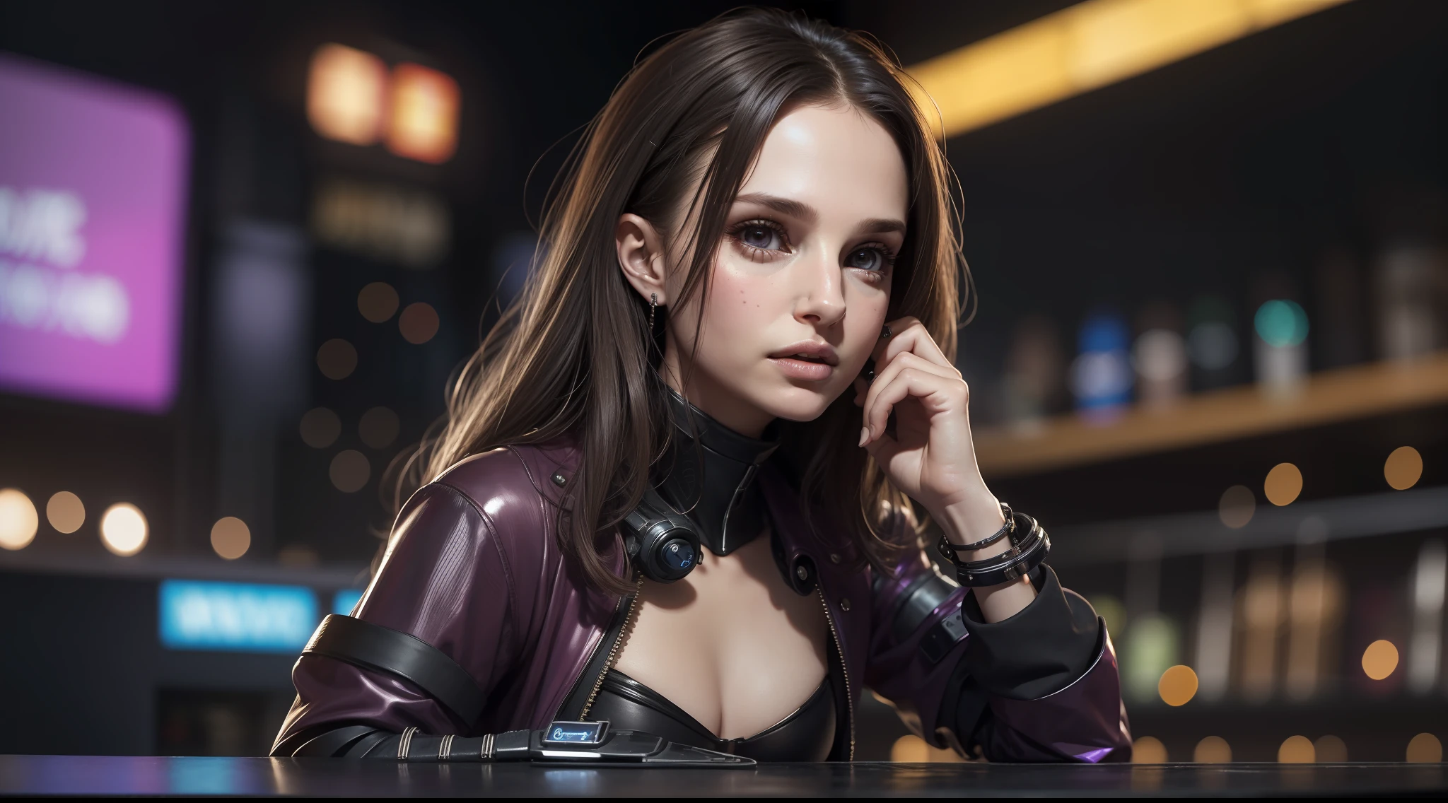 award-winning photo from waist up, 1girl, Natalie Portman, very beautiful, small breasts, perfect hands, beautiful detailed eyes, perfect face, sexy cyberpunk blouse, supermodel pose, cyberpunk bar environment