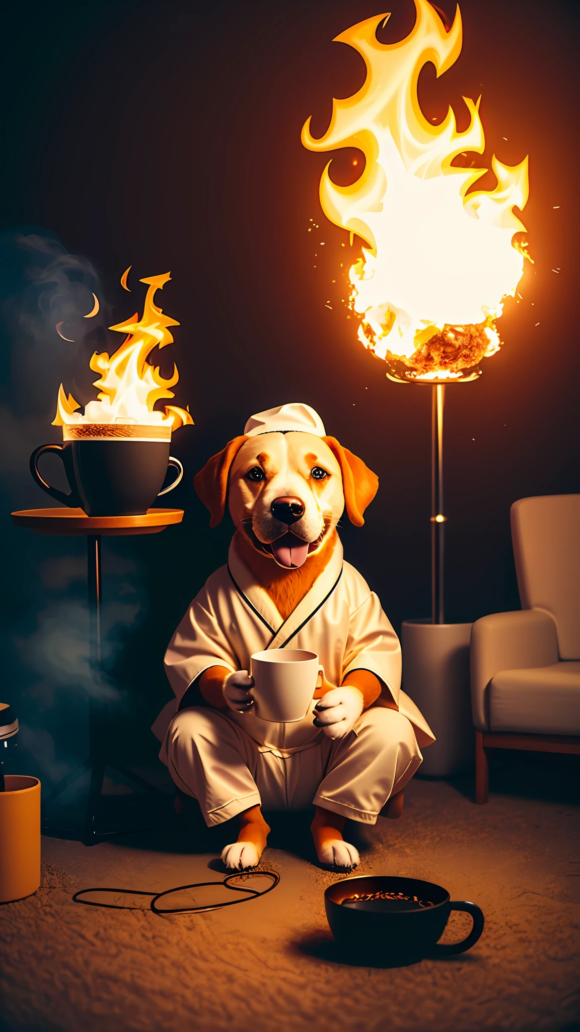 (anthropomorphic  dog:1.3) holding a coffee cup, sitting, in a robe, eating breakfast and holding a coffee cup, hat, particles, volumetric lighting,  livingroom burn down, ground and chair on fire, lots of gadgets and equipment, equipment is on fire, smoke, flames all around,