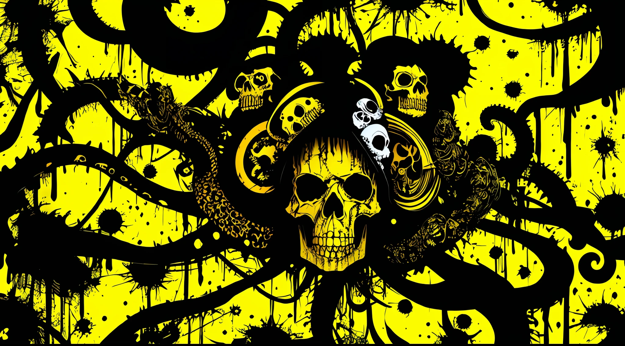 yellow and black, skulls faces with tentacles, in the style of Mork Borg, strong contrast, grunge dirty punk splash art, zine black metal, forest color splash background