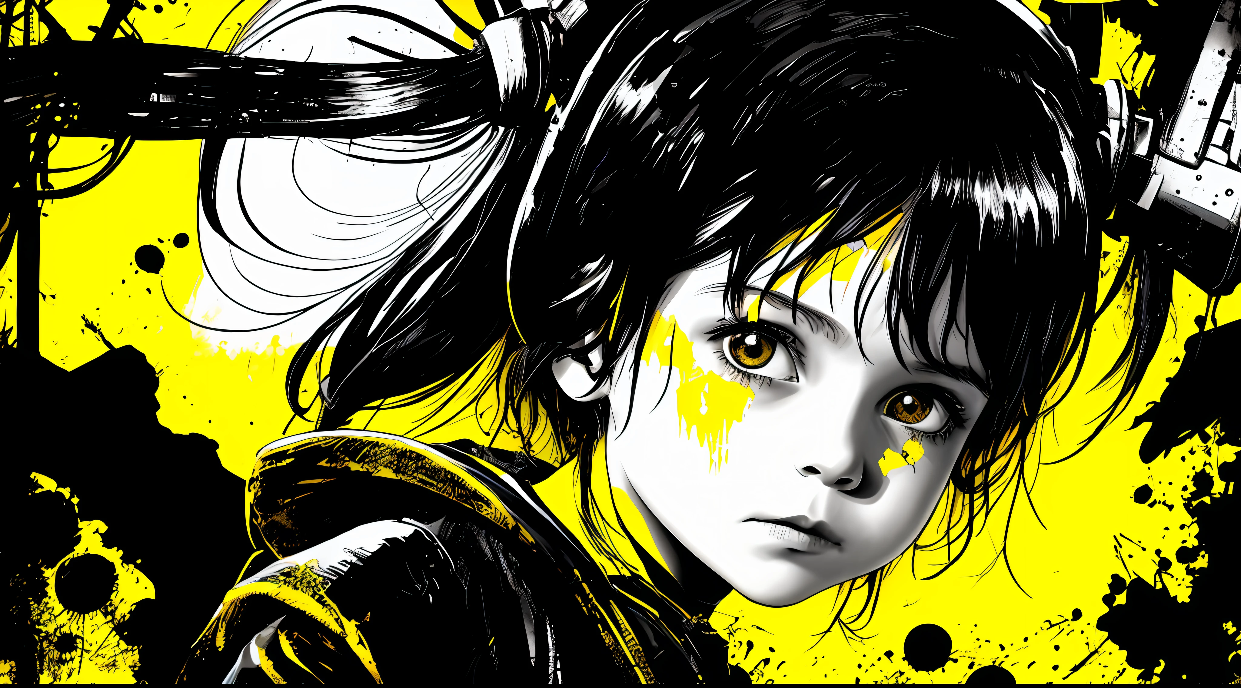 (a little girl, black and white), in the style of Mork Borg, strong contrast, grunge dirty punk splash art, zine black metal, yellow and black medieval background