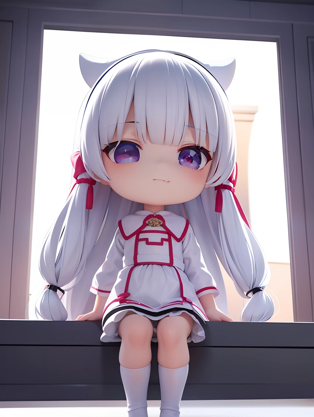 PopMart Blind Box IP, a close-up of a cute, white robe doll, young wanangel style, wearing long and fluent clothes, wlop style, pocelain doll, little people; Unreal Engine 5, Lite 3D/C4D production: 8K HD quality/lighting/ultra-detailed lens depiction 1.5, flawless, chibi background/cinematic.
