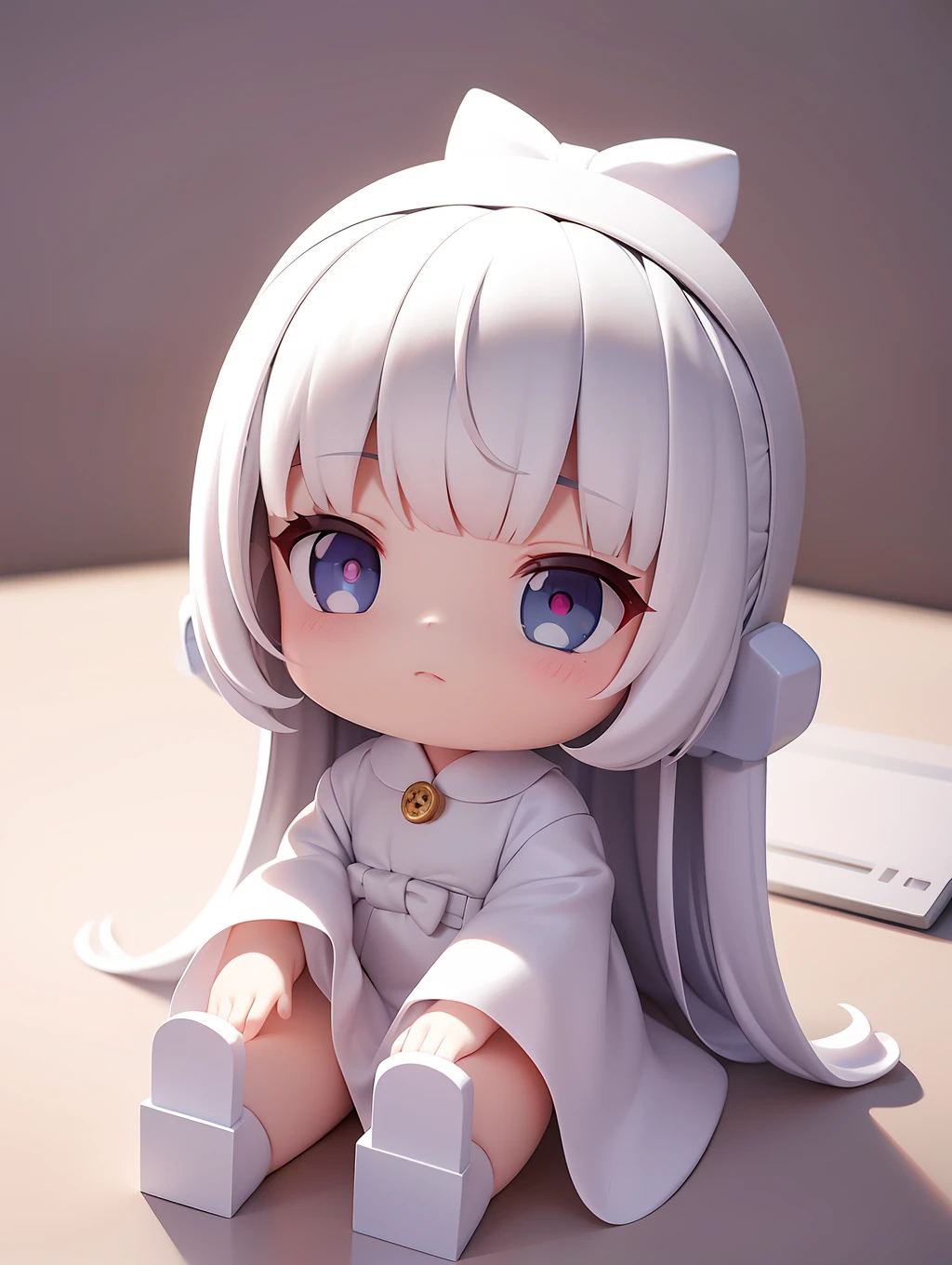 PopMart Blind Box IP, a close-up of a cute, white robe doll, young wanangel style, wearing long and fluent clothes, wlop style, pocelain doll, little people; Unreal Engine 5, Lite 3D/C4D production: 8K HD quality/lighting/ultra-detailed lens depiction 1.5, flawless, chibi background/cinematic.