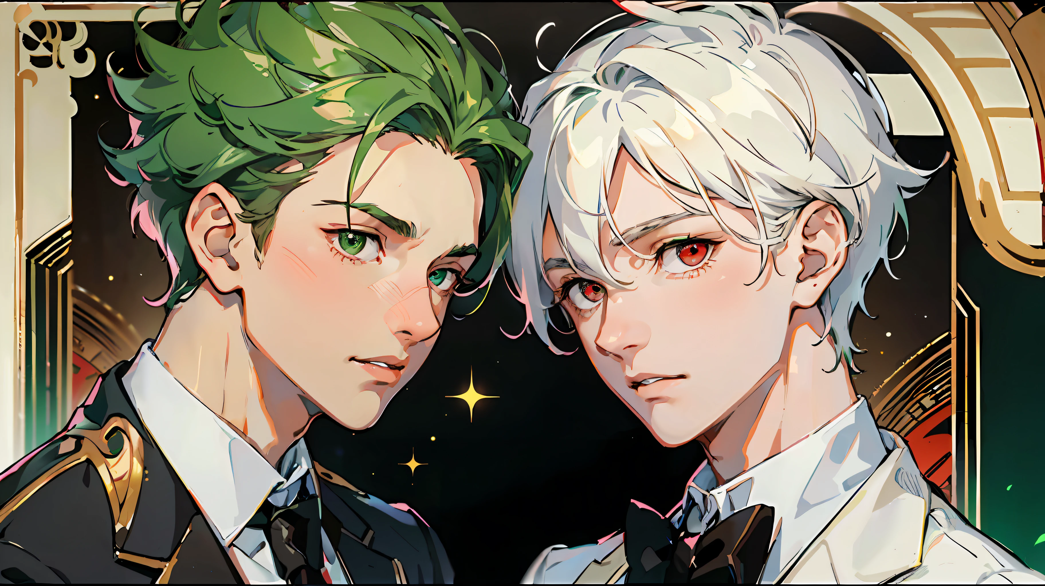 (Masterpiece: 1.4, top quality), two young men facing each other, (cute young man and white tuxedo with green hair and big eyes: 1.2), (cool young man and white tuxedo with very short blonde hair and red eyes: 1.2),dynamic pose, blush