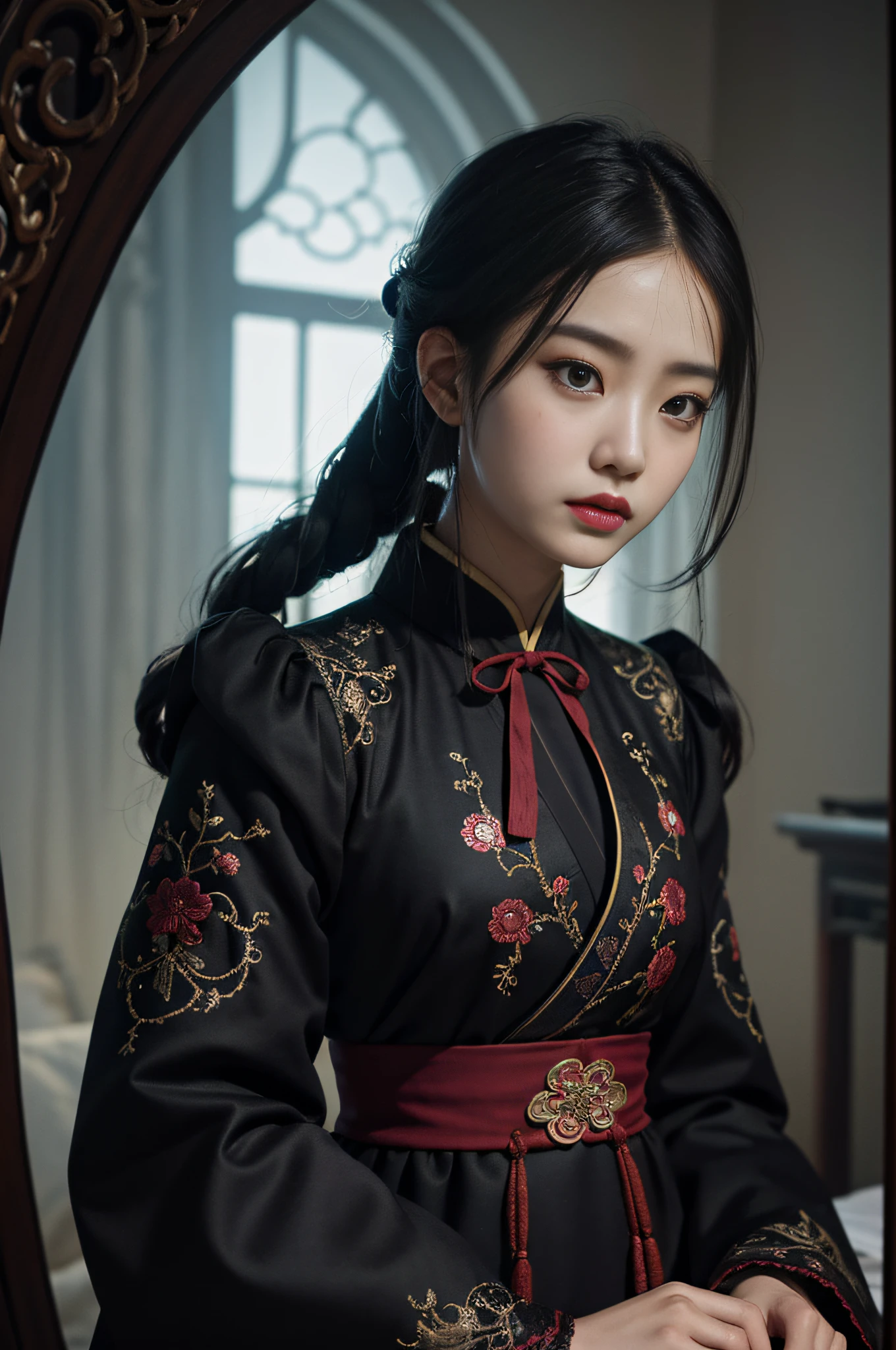 Official Art, Unity 8k wallpaper, super detailed, beautiful, beautiful, masterpiece, best quality,
dark, atmospheric, mystical, romantic, creepy, literature, art, fashion, ming and qing dynasties, decoration, intricate, ironwork, embroidery, contemplation, emotional depth, supernatural, hanfu
1 girl, solo, neck, bust composition