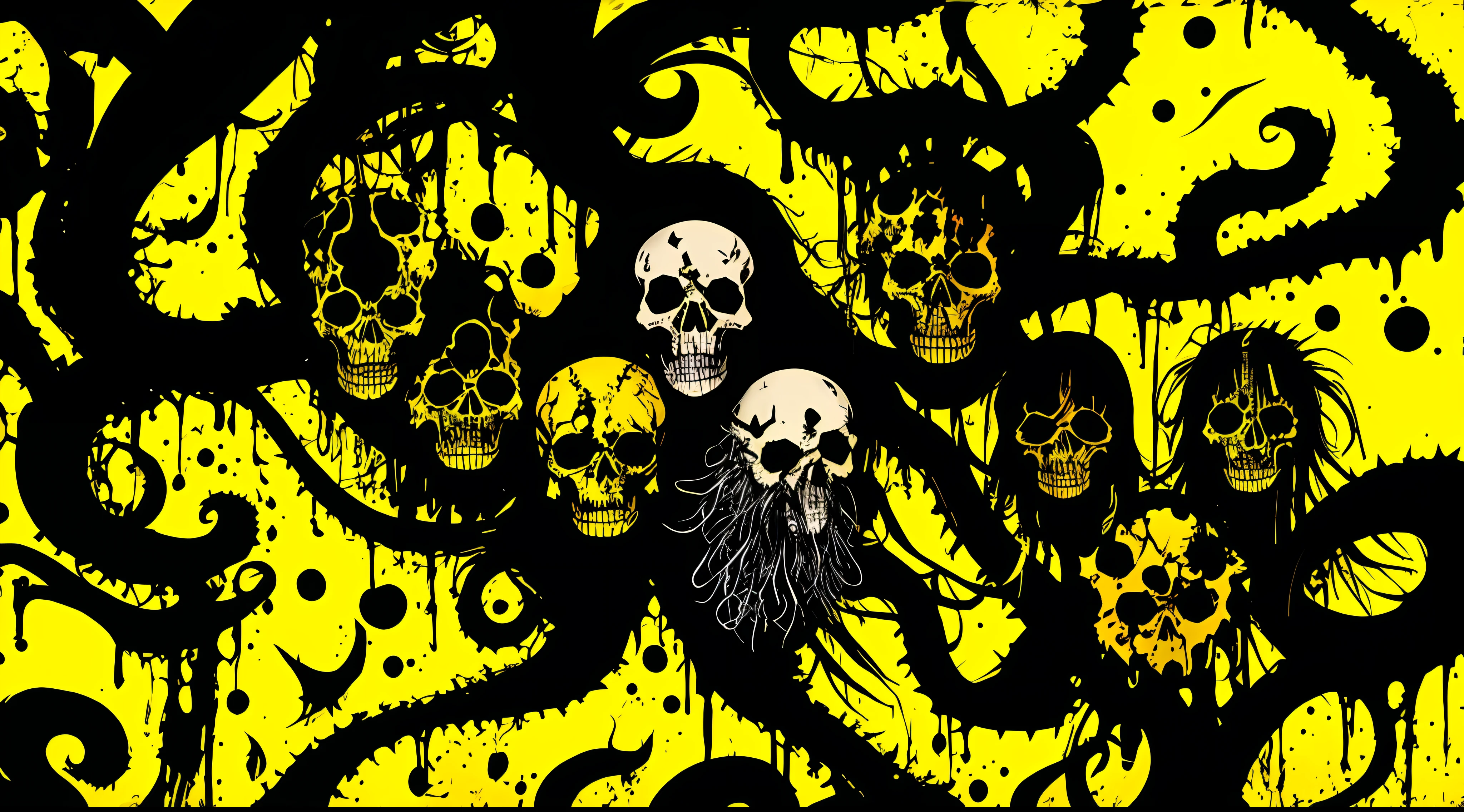 yellow and black, skulls faces with tentacles, in the style of Mork Borg, strong contrast, grunge dirty punk splash art, zine black metal, forest color splash background