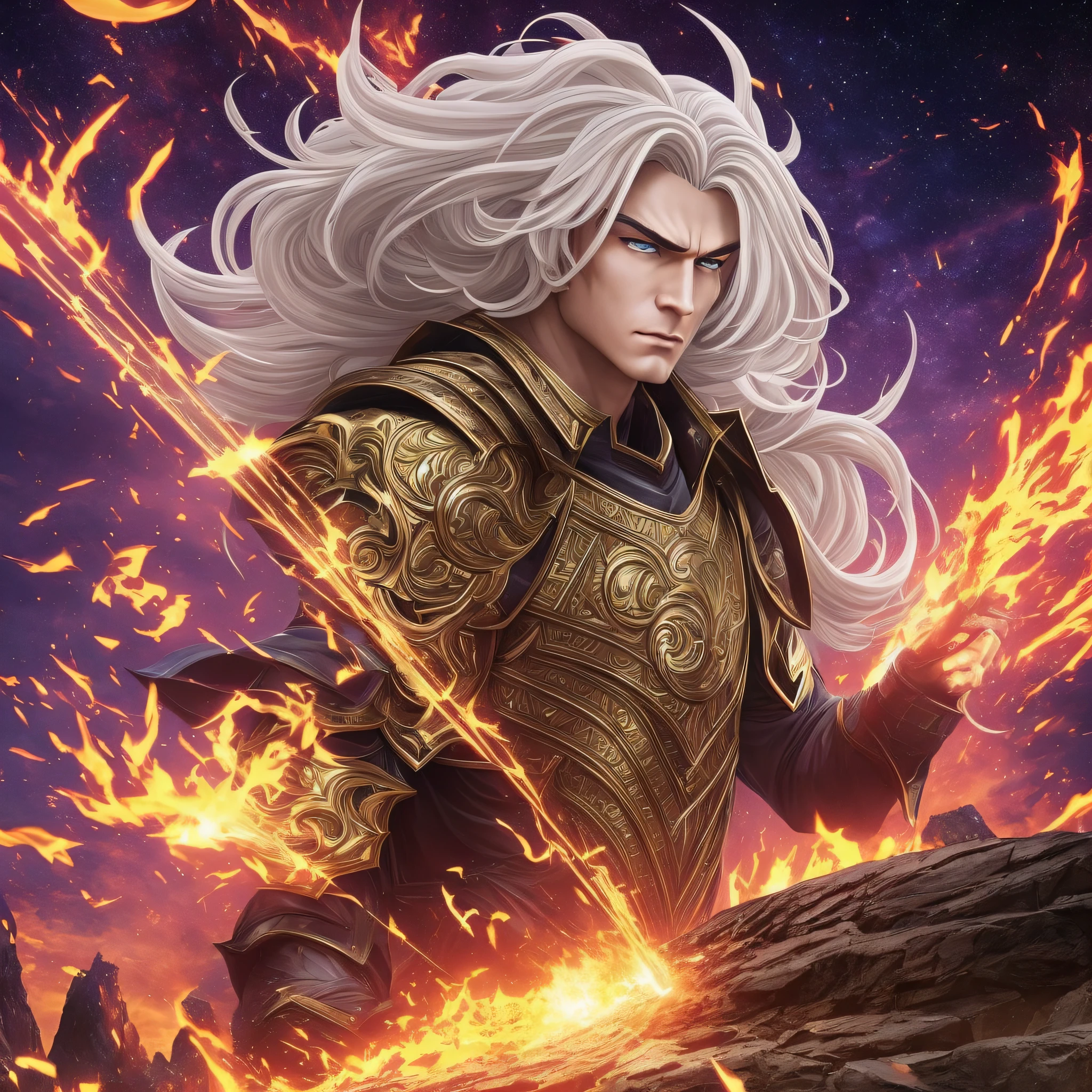 photo of the portrait of a brutal golden knight, wearing gold armor of the sign of gemeos intricate,,sharp focus, mountainous landscape with few background trees, magical aura, heroic pose, fantasy style, octane rendering, volumetric lighting, 8k high definition, highly detailed, trend in ArtStation, centralizedSaga is a man of tall and muscular stature. She has long blonde hair (violet blue in the Anime), red eyes, fair skin, and a gravelly and "clear" voice. When his evil personality appears and takes control of his body, his hair changes to black (grayish-white in the Anime), his sclera ("solid" white part of the eyes) gains a shade of warm pink, and his voice becomes more dense and rasping.  Galaxian Explosion

This is the supreme technique of the Gemini Knights, who are said to be "capable of destroying the stars of the galaxy." The blow uses a large amount of cosmos to create a devastating explosion, the name having emerged as a symbol of the overwhelming impact caused by the attack. Burning his cosmo-energy intensely, Saga throws a powerful explosive shockwave at the target, which takes the form of several planets. When the wave is about to explode, the planets collide violently, generating a powerful force, so that if the initial impact hits the target, it will pulverize it completely. If the technique misses the mark, or if it is defended or poorly executed, the smaller shock waves still have a very advanced lethality, which means that even without their full force, --auto --s2