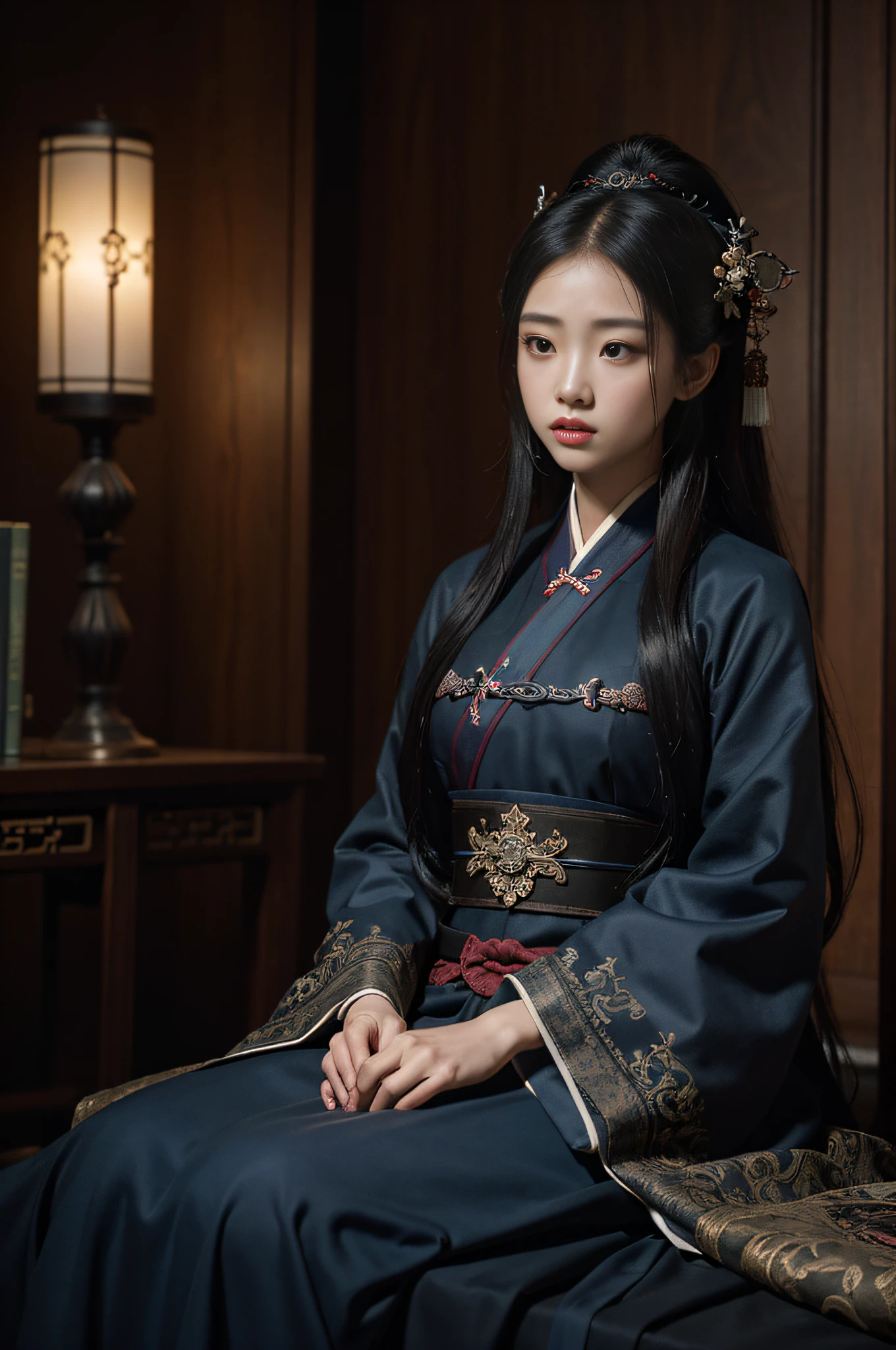 Official Art, Unity 8k wallpaper, super detailed, beautiful, beautiful, masterpiece, best quality,
dark, atmospheric, mystical, romantic, creepy, literature, art, fashion, ming and qing dynasties, decoration, intricate, ironwork, embroidery, contemplation, emotional depth, supernatural, hanfu
1 girl, solo, neck, bust composition