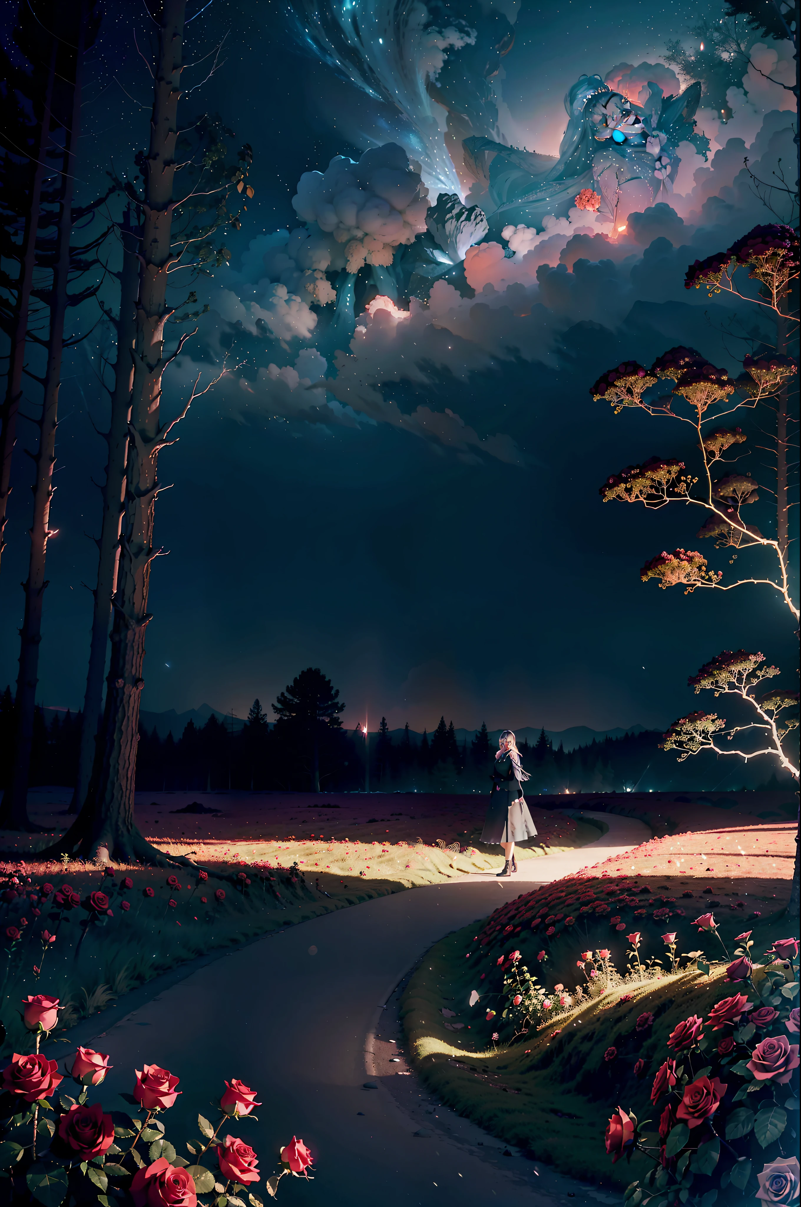 official art, unity 8k wallpaper, ultra detailed, aesthetic, masterpiece, best quality, (photorealistic:1.2), Luminous roseA high-definition CG rendering of a dark rose forest. a rose path, long floating blue roses on the ground, fireflies, luminous ovules and lava crystal light effects, snowstorm style art trend, magical light fog, low light at night