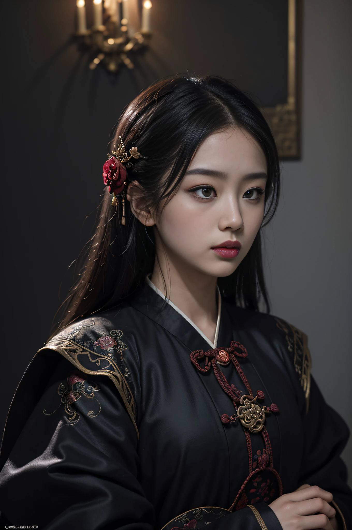 Official Art, Unity 8k wallpaper, super detailed, beautiful, beautiful, masterpiece, best quality,
dark, atmospheric, mystical, romantic, creepy, literature, art, fashion, ming and qing dynasties, decoration, intricate, ironwork, embroidery, contemplation, emotional depth, supernatural, hanfu
1 girl, solo, neck, bust composition