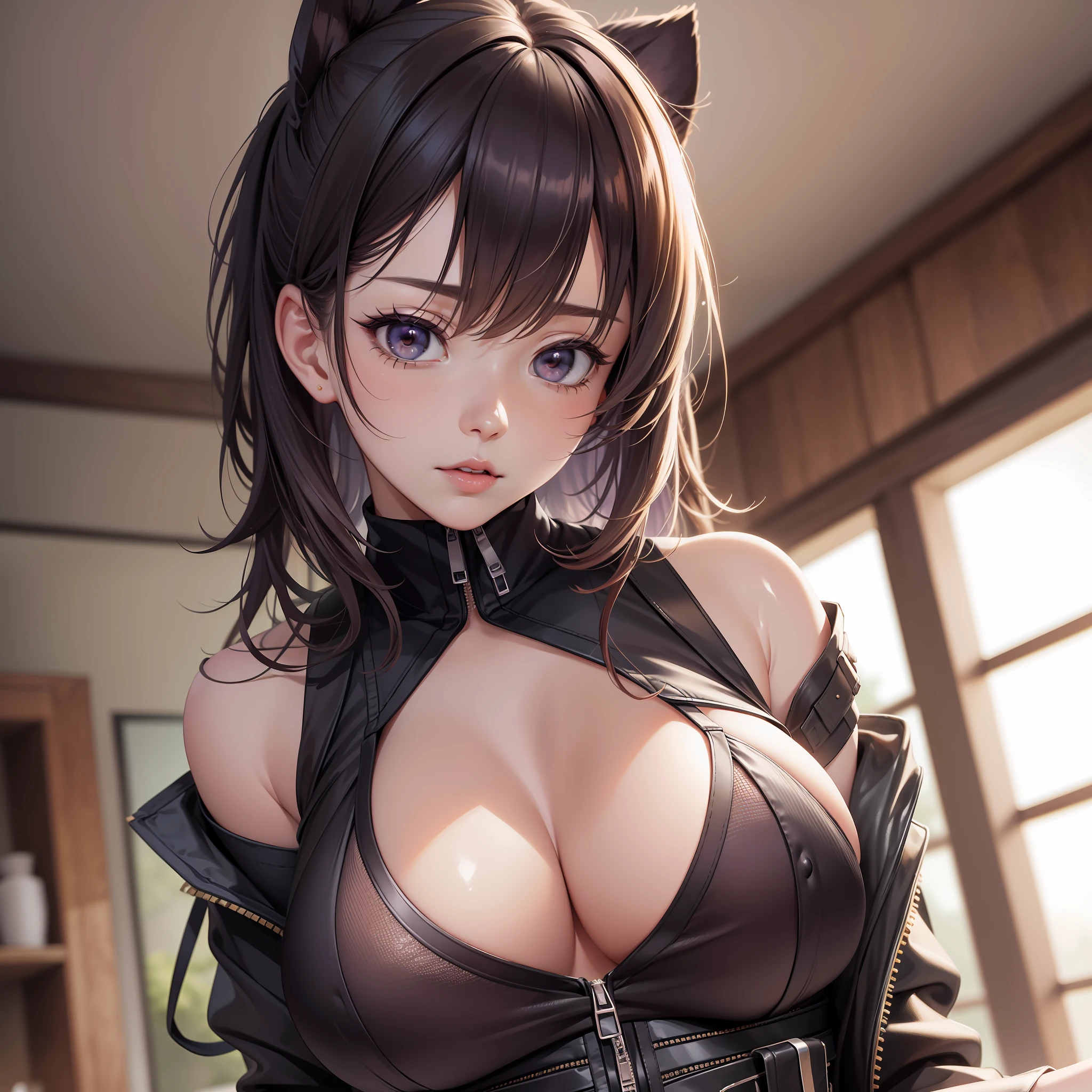 Masterpiece, highres, high Quality, detailed face, detailed body render, 1girl, solo, hyuuga hinata, hinata-sleeveless-outfit, large breasts, big breast, sleeveless shirt, fishnet top, dark lips, unzipped jacket, no bra, breasts out, nipple, standing, blushes, (on bedroom)