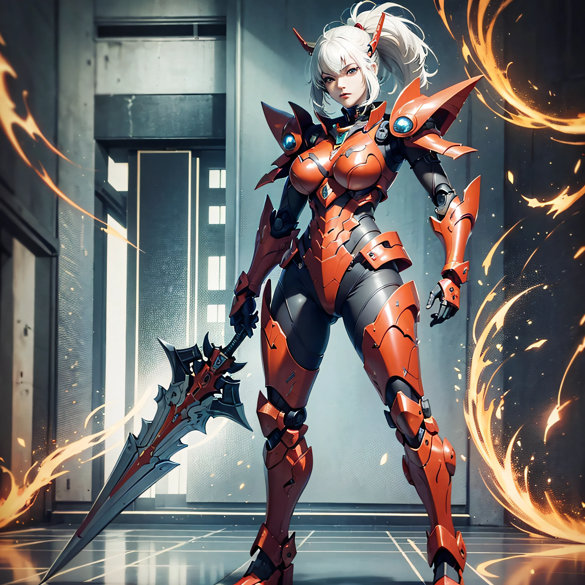 Crimson paint, villain, close-up of person in costume with spear, cyber japan style armor, cyber japan armor, gyver style, girl in armor, monster hunter armor, full body mecha suit, perfect anime cyborg woman, cyborg noble woman, mecha cyber armor girl, detailed full body concept, female armor, anime character. Full Body Art --auto --s2