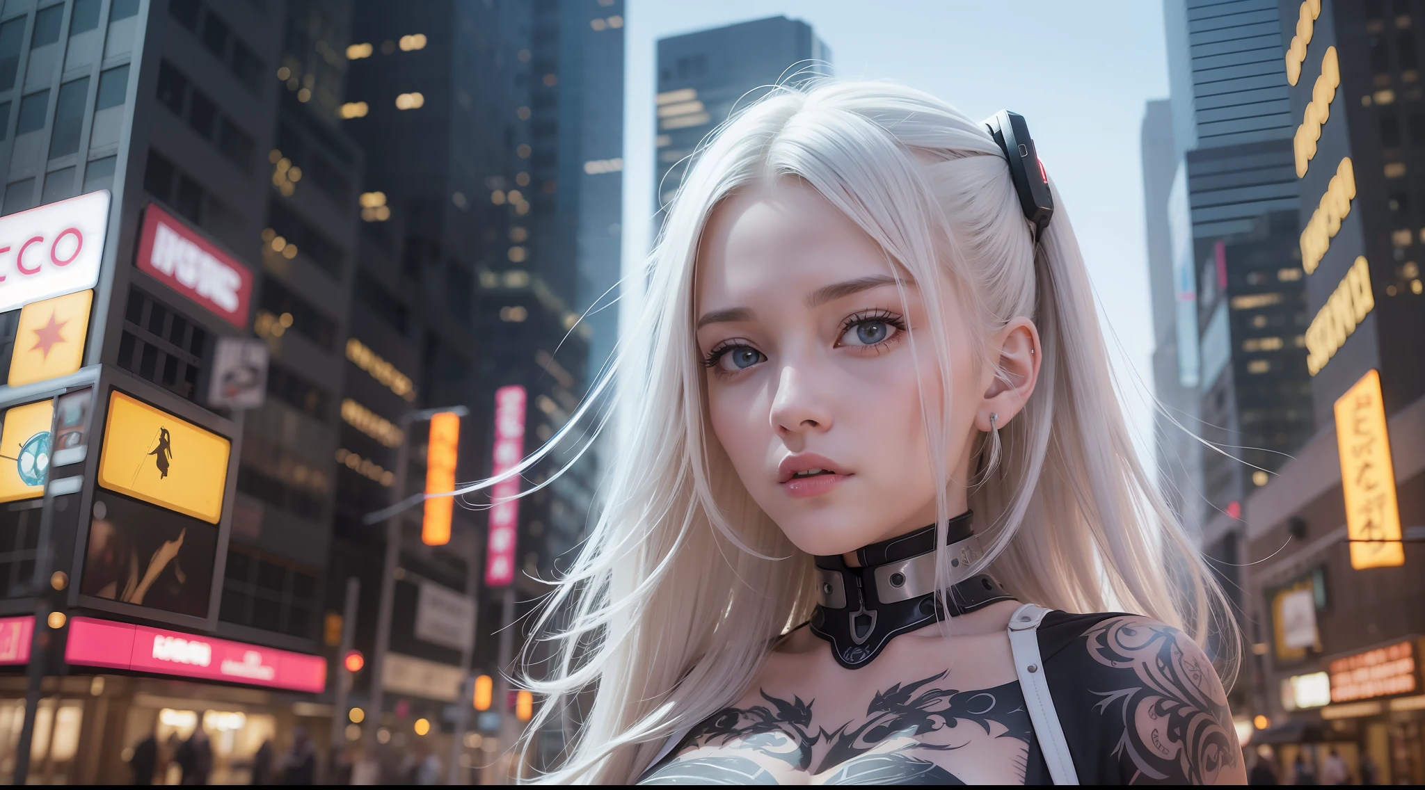 Award-winning photo from the waist up, white-haired woman, showing face, alone, from torso up, with cybernetic enhancements with tattoo of magical symbols, in front of cyberpunk buildings, vibrant, photorealistic, hyperrealism, strong impressionist painting style, 1,618, elegant, ethereal, intricate, elaborate, hyper-realism, hyper-detailed, strong expressiveness and emotionality, cinematic lighting, visual clarity