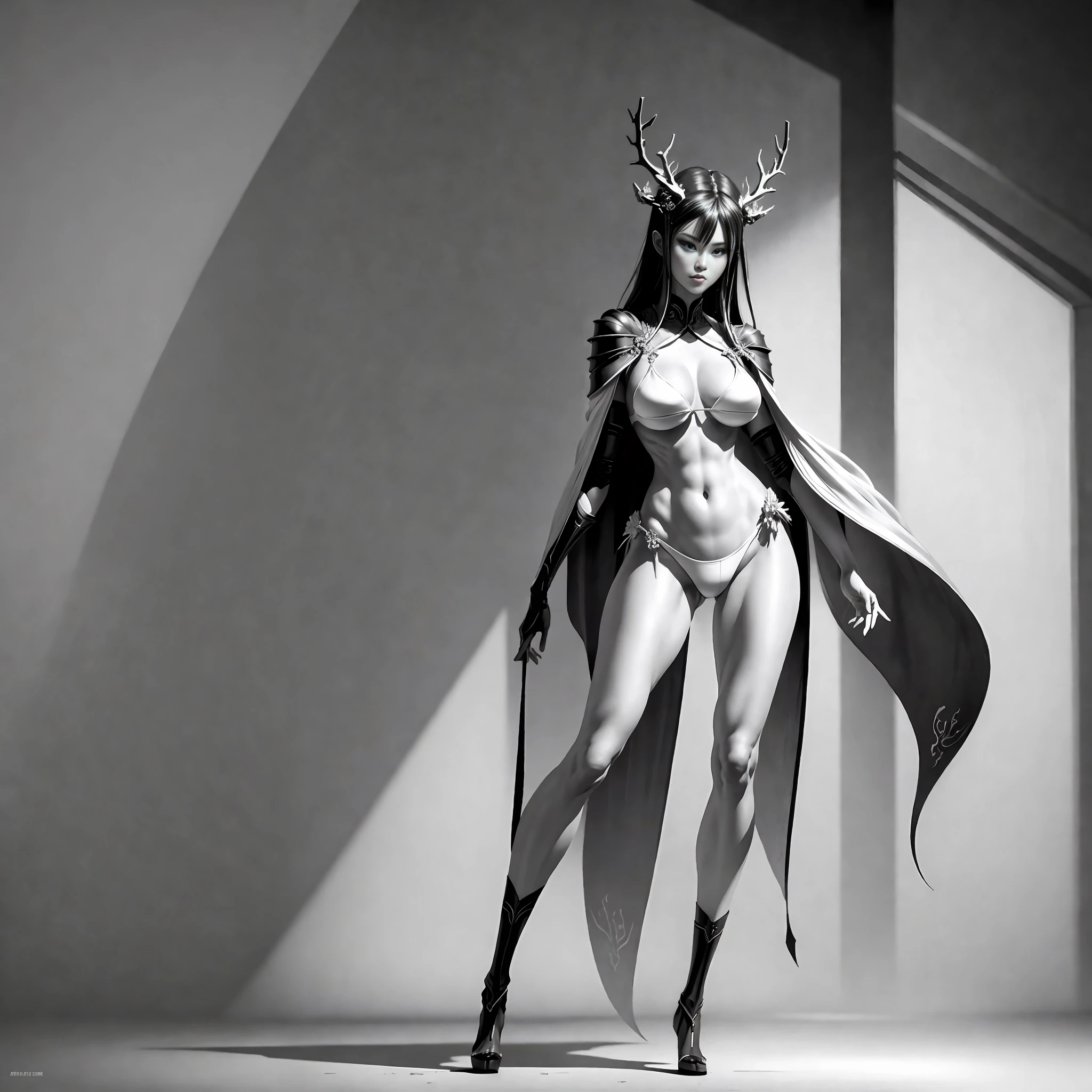 A Masterpiece,8kwallpaper,Great master black and white anime artwork,Black and white art,Pen line art,Sexy tribal mature woman in white sexy costume on magnificent wild world land,There are antlers on the head,Full body dimensions,White bikini,Mature body,Slender figure and legs,Perfect body shape,Exquisite facial details,Beautiful figure painting,Exquisite fanart with high detail,Full-body standing,full body xianxia,G. Larion's artistic style,inspired by Lan Ying,by Yang J,She walked towards the audience,inspired by Du Qiong,Inspired by Qu Leilei,Inspired by Wuzhun Shifan,The ultimate in dark art,Perfect model height,Fierce expression,Soft professional cinema lighting,Light and shadow follow,Perfect contour light