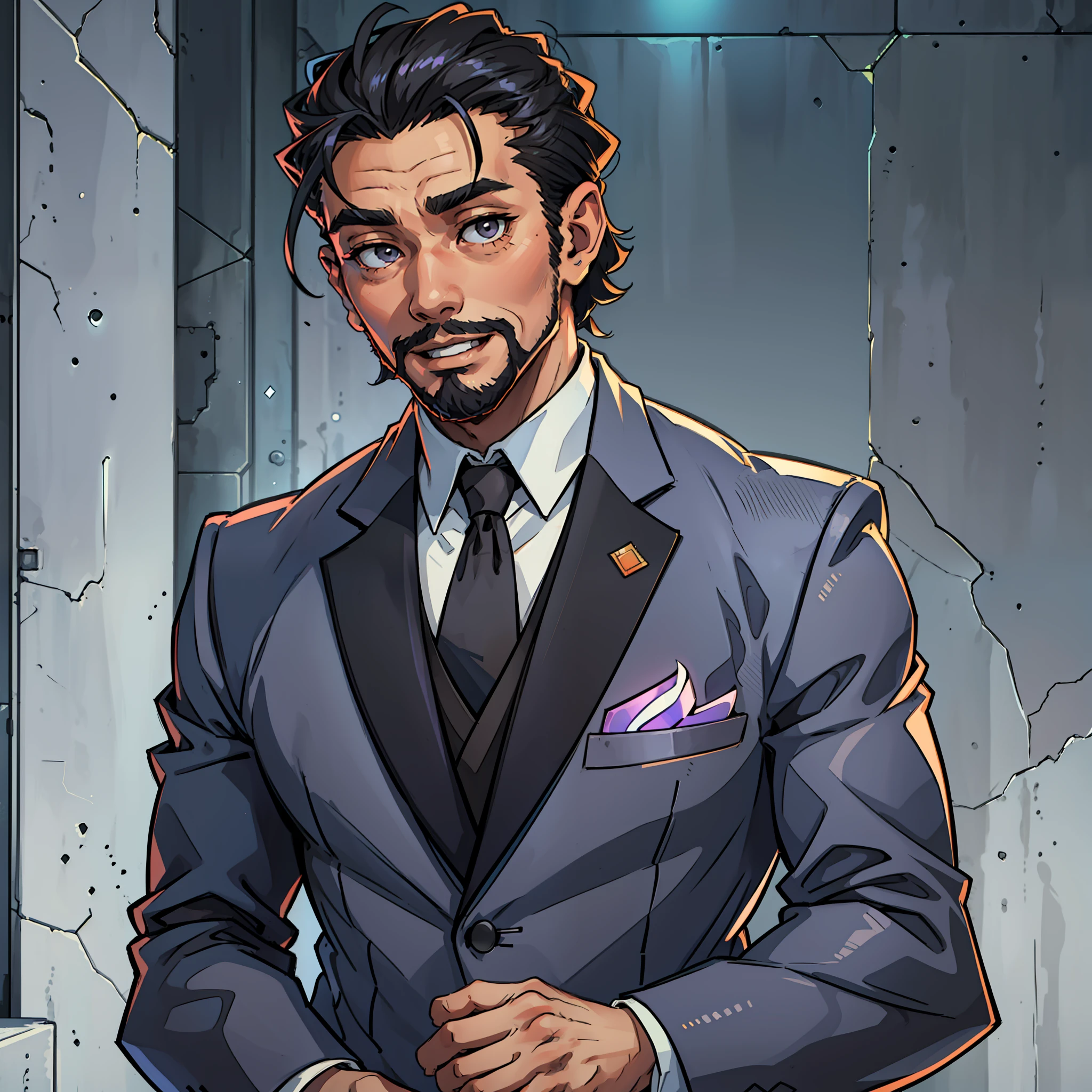 Kenjiro Tsuda, in a suit, wearing a black tie and neatly trimming his hair. He has a moderate beard and a stocky figure. She poses with a smile on her face to the camera. The background is white, illuminated by bright lighting. --auto --s2