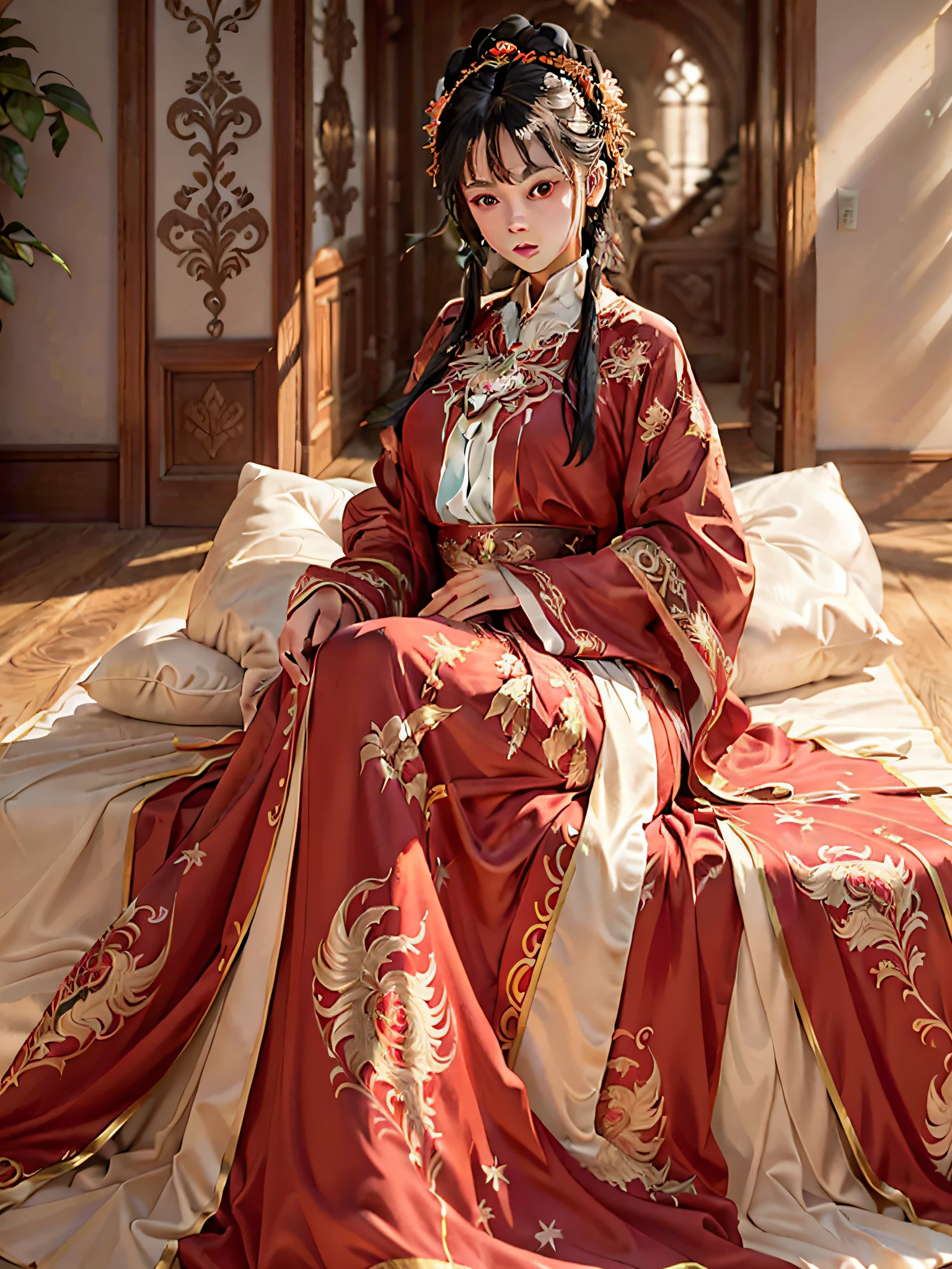 Her features are refined and elegant. Her eyebrows, meticulously shaped, sweep outward like the edges of a stone dais. Her skin is lightly dusted with powder, giving it a soft and ethereal quality. Delicate dimples grace her cheeks, as if coated with a hint of lead, adding to her allure.
Dressed in a vibrant red gold thread short garment, her attire represents opulence and grandeur. The garment is intricately embroidered with the majestic figure of a red golden phoenix, its plumage vivid and resplendent. Below, she wears a flowing phoenix skirt, matching the regal embroidery of her attire.
The scene is set in a sumptuous chamber adorned with intricate designs and ornaments. Soft light filters through silk curtains, casting a warm glow on the woman and her surroundings. The atmosphere exudes a sense of luxury, with objects of beauty and refinement carefully arranged around her.
The lighting effect enhances the richness and elegance of the scene. The warm light bathes the woman's figure, accentuating the vibrant colors of her clothing and highlighting the delicate details of her makeup. Subtle shadows play across the room, lending depth and dimension to the image. The overall lighting creates an atmosphere of sophistication, adding to the allure and charm of the woman and her surroundings.
This prompt paints a vivid picture of a woman preparing herself in a lavish setting, capturing the essence of elegance and luxury.