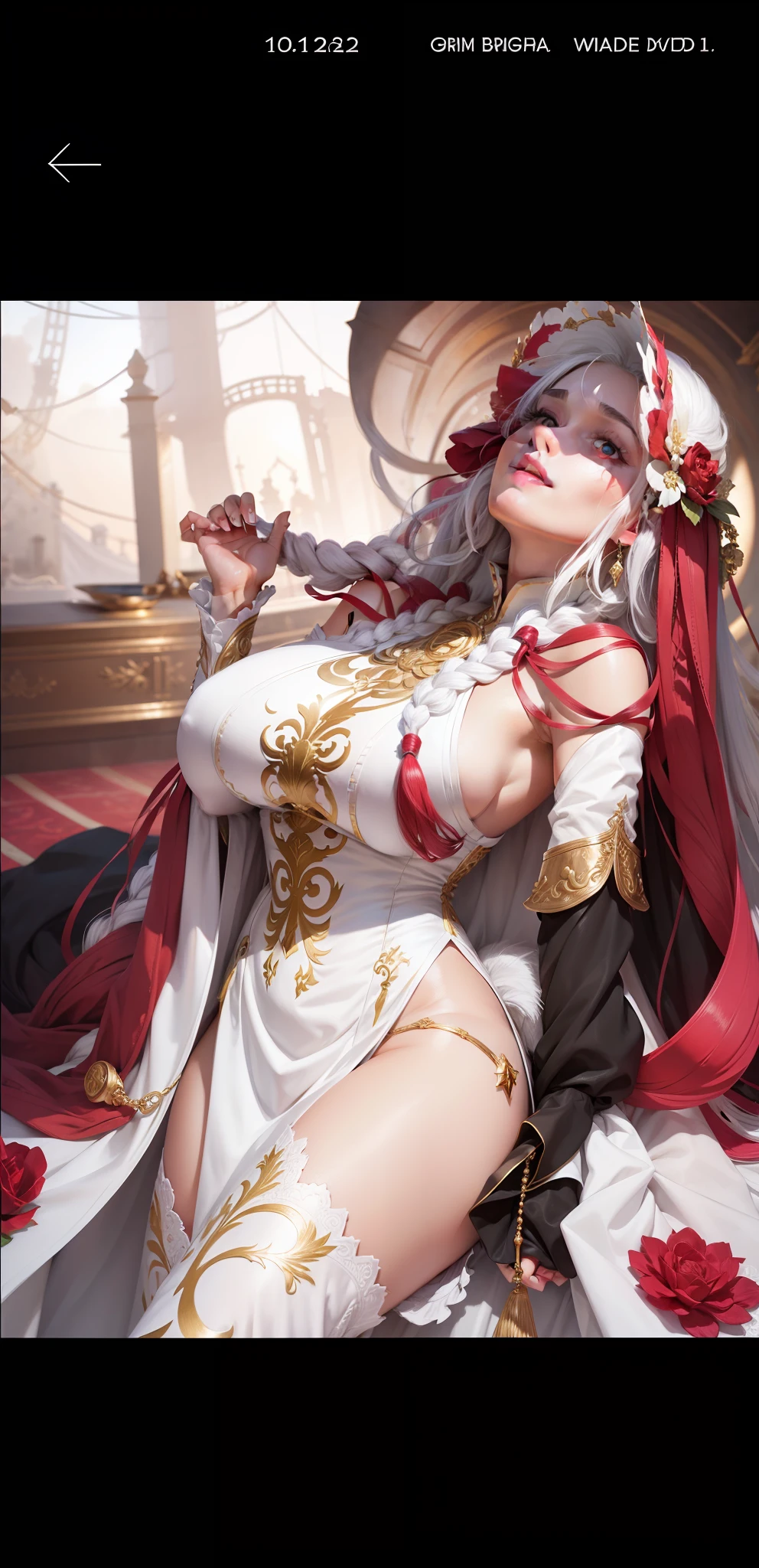 best quality, masterpiece,white hair, gold eyes,white clothes, looking up, upper body,hair strand,Fair skin,side braids