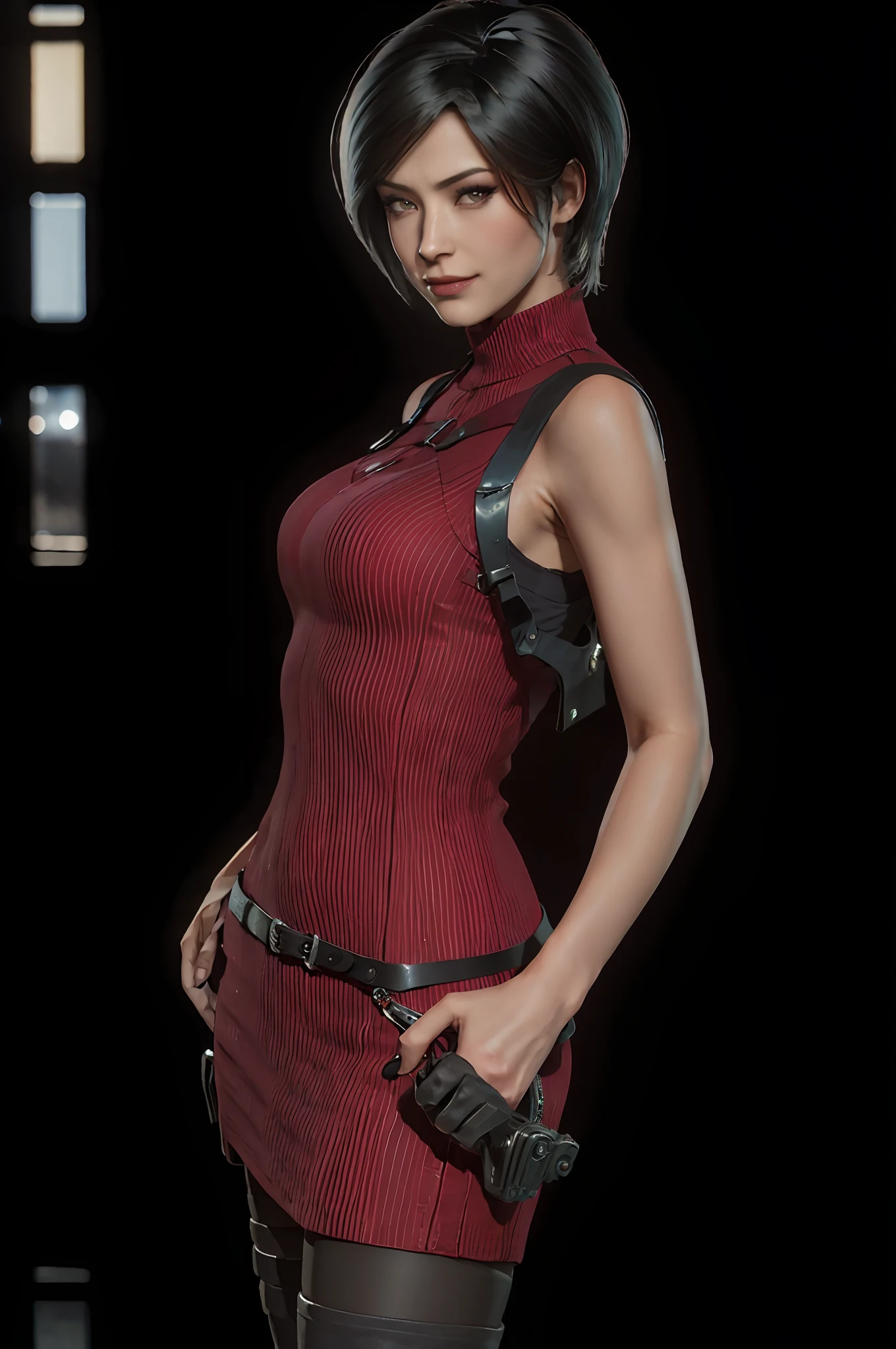 1 girl, solo, Ada Wong from Resident Evil 4 Remake, short hair, black hair, red purple dress, breast, thighs, waist, butts, black heels, face of Adriana, viewer looking, close up shot, devious smile, pistol hanging on her waist, best quality, high resolution:1.2, 18th century village in the background, shadows, low camera angle, center focus