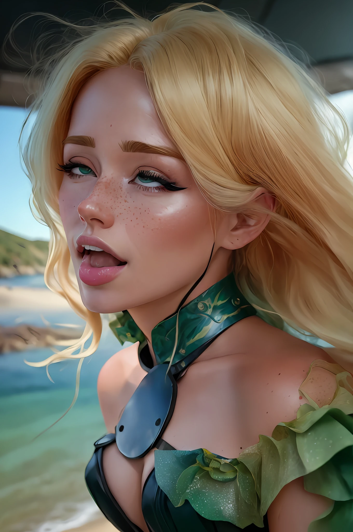 photo awarded best quality masterpiece upper body woman freckled face blonde hair blonde blown by wind emerald eyes strapless dress modern by Jeremy Lipking by Antonio J. Manzanedo by lee jeffries Nikon D850 film Stock Photography 4 camera kodak portra 400 lens f1.6 rich colors realistic texture hyper realistic dramatic lighting unreal mechanism trend on artstation cinestill 800,  fisheye lens, kilt style, windy beach, Scottish loch, forest, ahegao, tongue out, (head back:1.4)