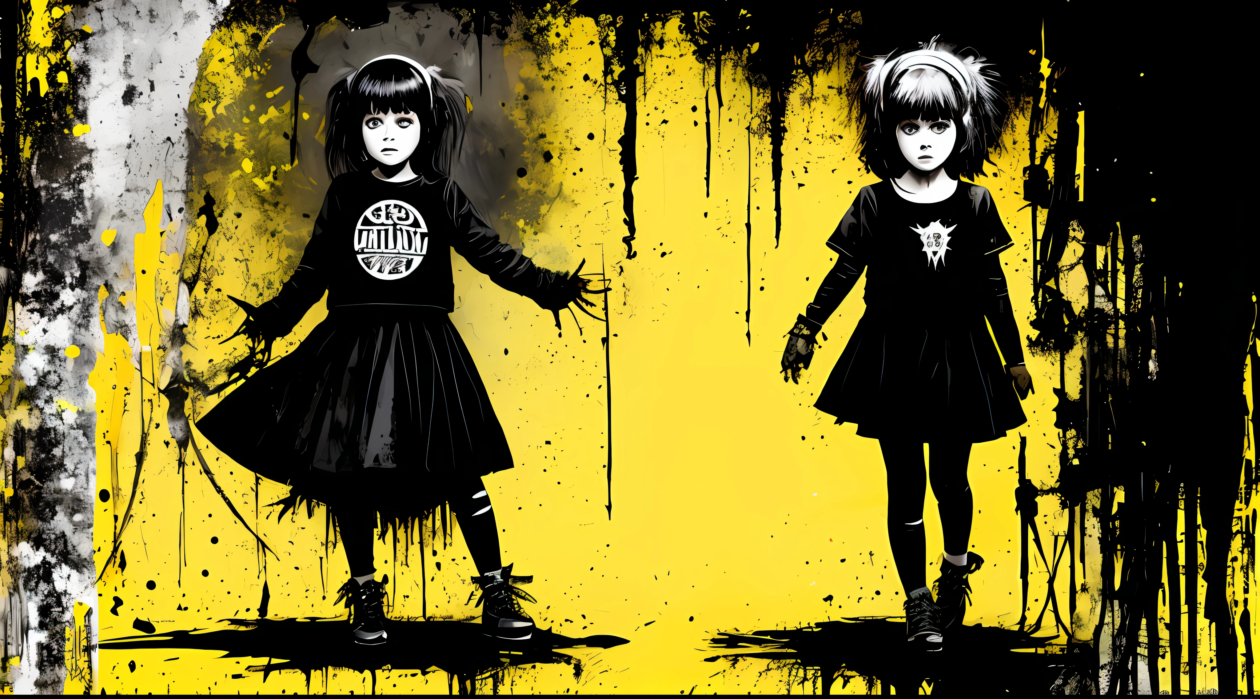 (a full body  girl, black and white), in the style of Mork Borg, strong contrast, grunge dirty punk splash art, zine black metal, yellow and black medieval background