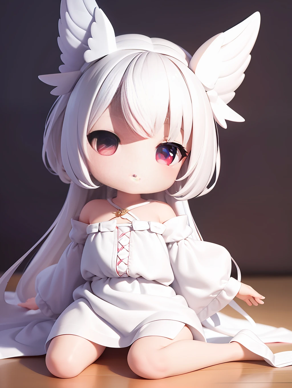 PopMart Blind Box IP, a close-up of a cute, white robe doll, young wanangel style, wearing long and fluent clothes, wlop style, pocelain doll, little people; Unreal Engine 5, Lite 3D/C4D production: 8K HD quality/lighting/ultra-detailed lens depiction 1.5, flawless, chibi background/cinematic.