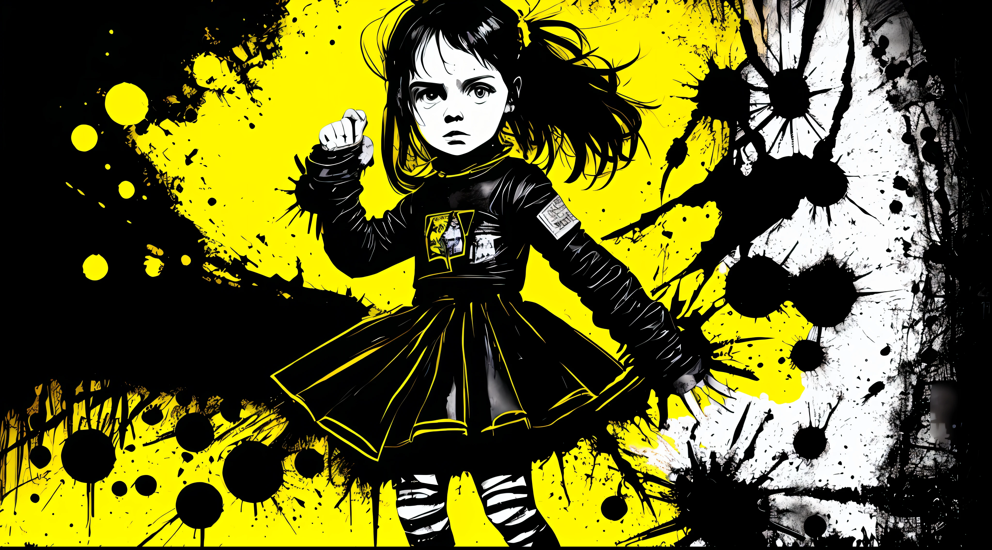 (a full body , black and white), in the style of Mork Borg, strong contrast, grunge dirty punk splash art, zine black metal, yellow and black medieval background
