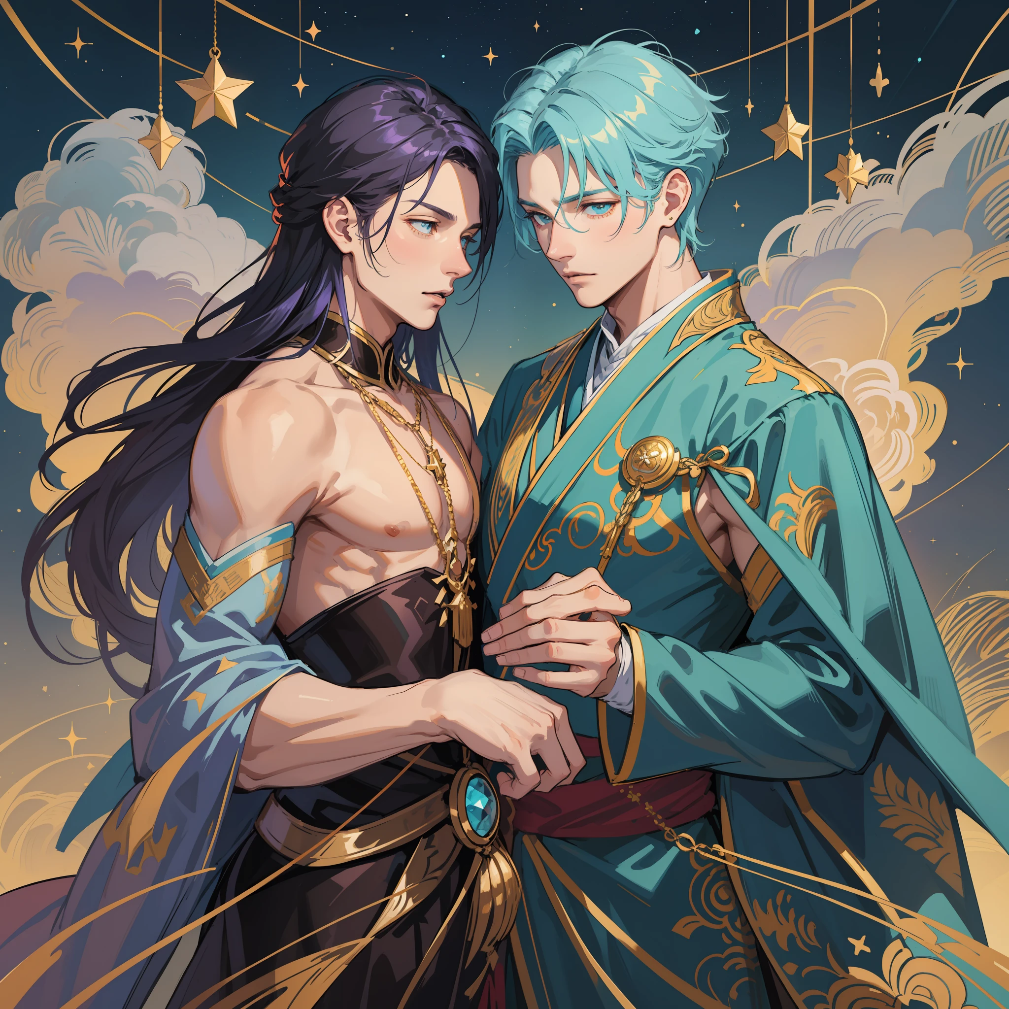 BL, two handsome people, two boys, turquoise long hair boys and lavender short hair boys, masculine features, masculine bodies, muscular boys, star ornaments, space ornaments, beautiful, beautiful, colorful, fantasy, fantastic, mixed medieval european aristocratic clothes and kimono, luxurious costumes, cuddling figures, starry sky, constellations, two people floating in the air, fantastic sky