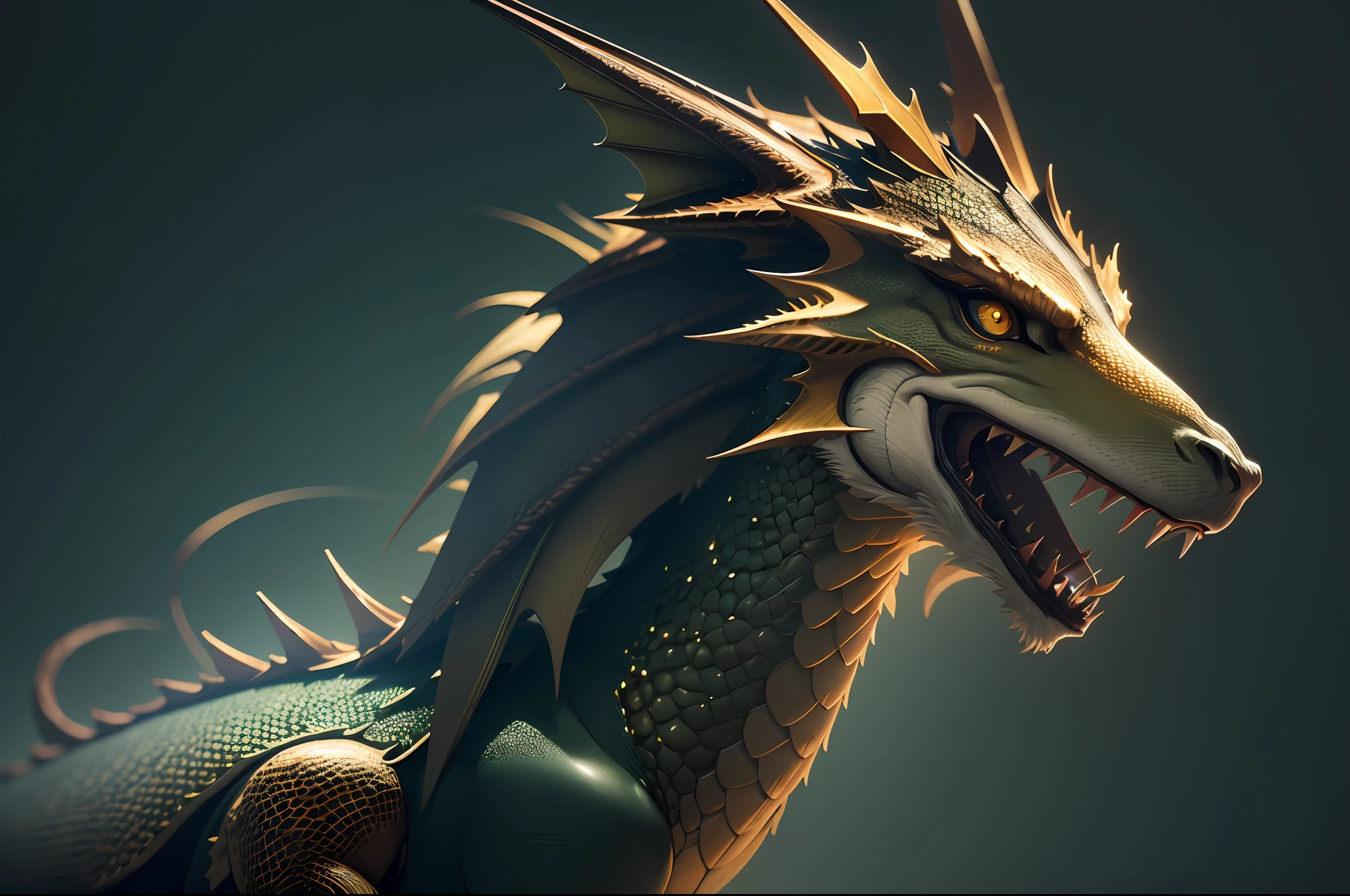 Medium shot of a photorealistic golden dragon, smooth dark green background, minimalist, digital photography, high contrast, directional and harsh lighting, magical, intense and tense atmosphere, photography with 50mm lens, shallow depth of field, maximum focus, hdr, textures, symmetrical face, surface details, highly intricate details, high definition, unreal engine, octane render, surreal photo manipulation, hyper realistic --auto --s2