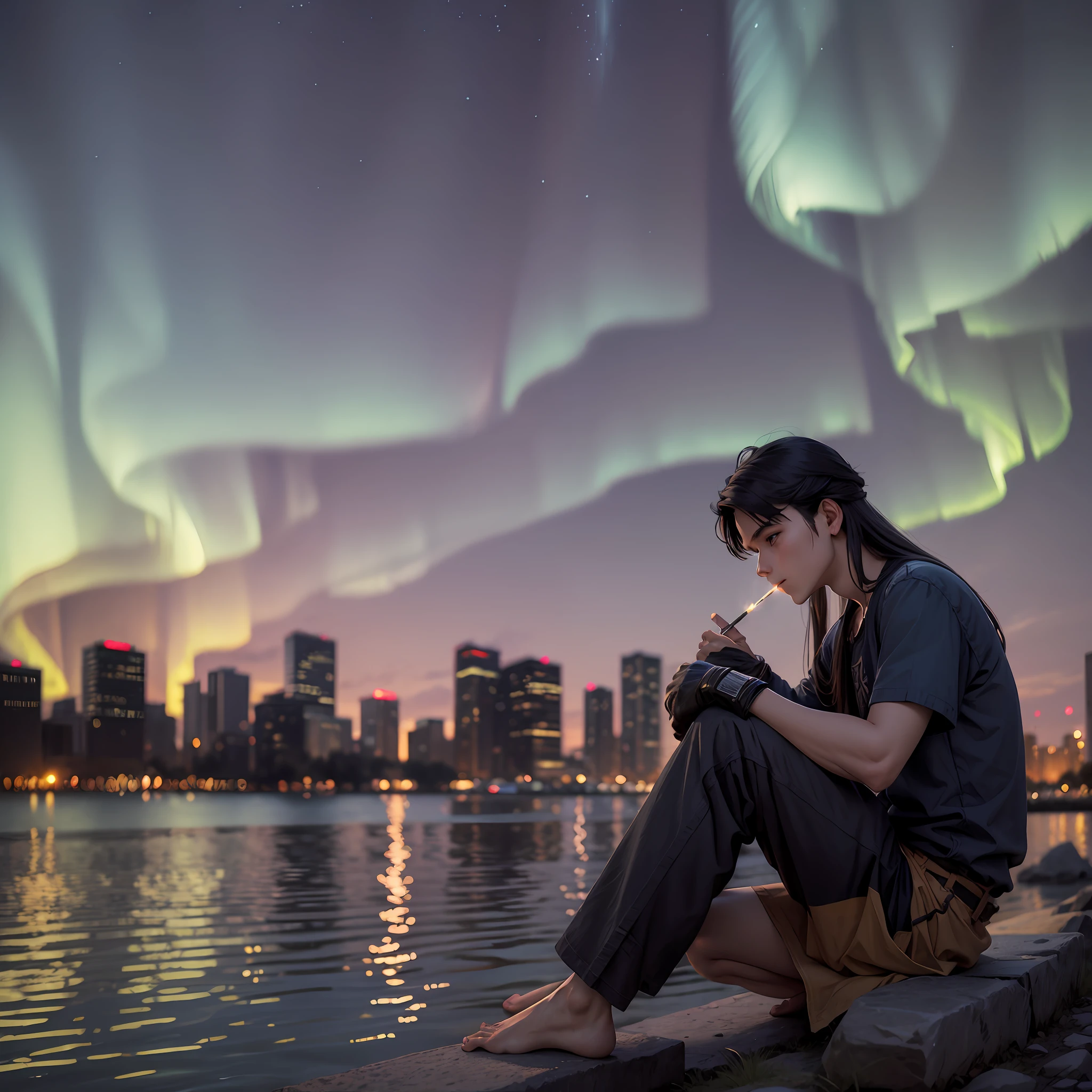 At dusk on a riverside, against the tall buildings, brightly lit, an ancient boy, sitting on a stone by the river, side photos, the boy dyed a cigarette, looking up at the sky, the sky is an aurora, the boy has long hair --auto --s2