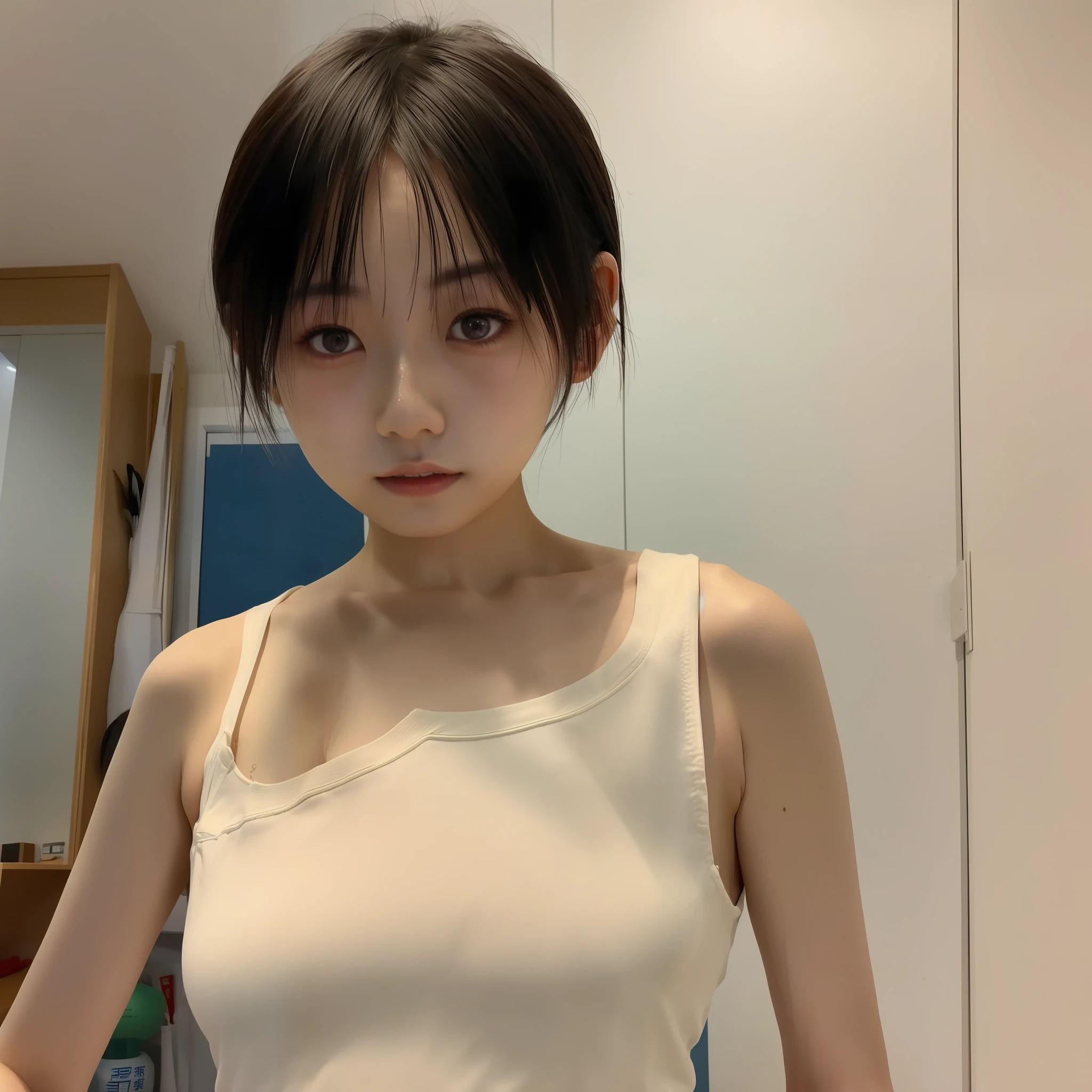 1girl, chinese girl, 21 years old, solo, behind arms, 3/4 shot, young sexy gravure idol, young beautiful gravure idol, reality, best quality, instgram, bare shoulders, white shirt, short hair